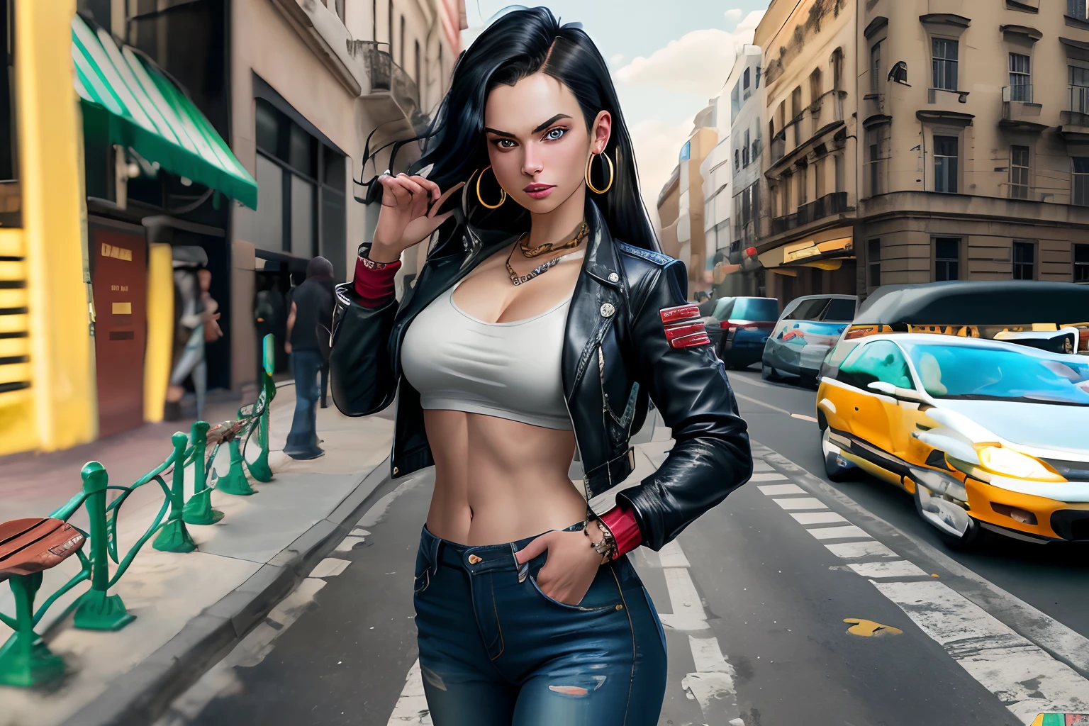 best quality, highres, and18, 1girl, android 18, solo, black hair, blue eyes, long hair, hoop earrings, chunky cuban link jewelry, leather jacket, open jacket, red shirt, jeans, cowboy shot, street