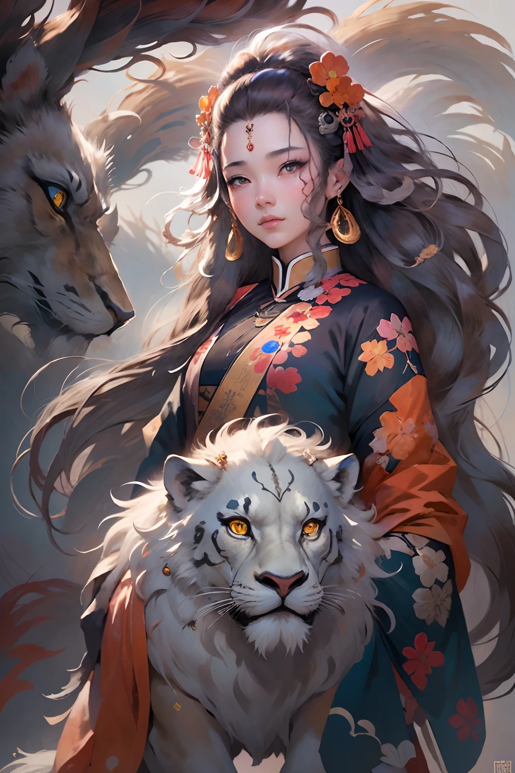 Alafid lion with long mane and long tail, Onmyoji detailed art, bian lian, G Liulian art style, cgsociety and fenghua zhong, drak, inspired by Park Hua, chengwei pan on artstation, wojtek fus, inspired by Lu Guang, onmyoji portrait, affable ， wenjun lin