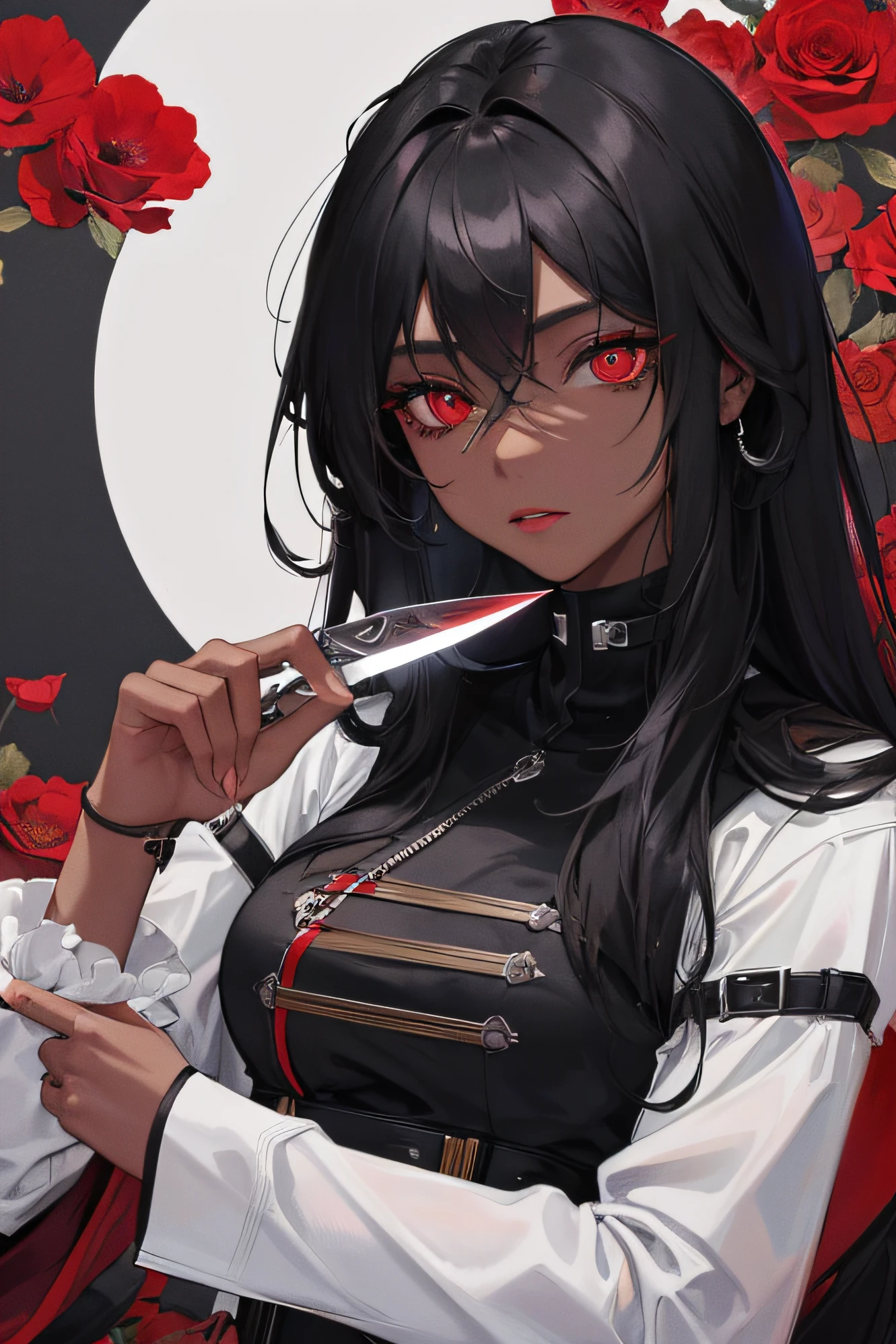 Masterpiece Best Night Full Moon 1 Female Mature Female Soldier Black Skin Tone Cold Face Expressionless Black Long Hair Woman Calm Intellectual Three Bands Red Eyes Assassin Short Knife, Flowers, Hand Details, Finger Details,