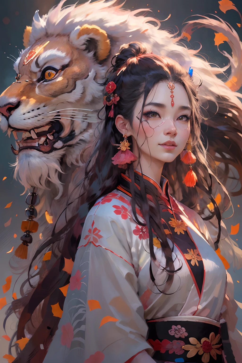 Alafid lion with long mane and long tail, Onmyoji detailed art, bian lian, G Liulian art style, cgsociety and fenghua zhong, drak, inspired by Park Hua, chengwei pan on artstation, wojtek fus, inspired by Lu Guang, onmyoji portrait, affable ， wenjun lin