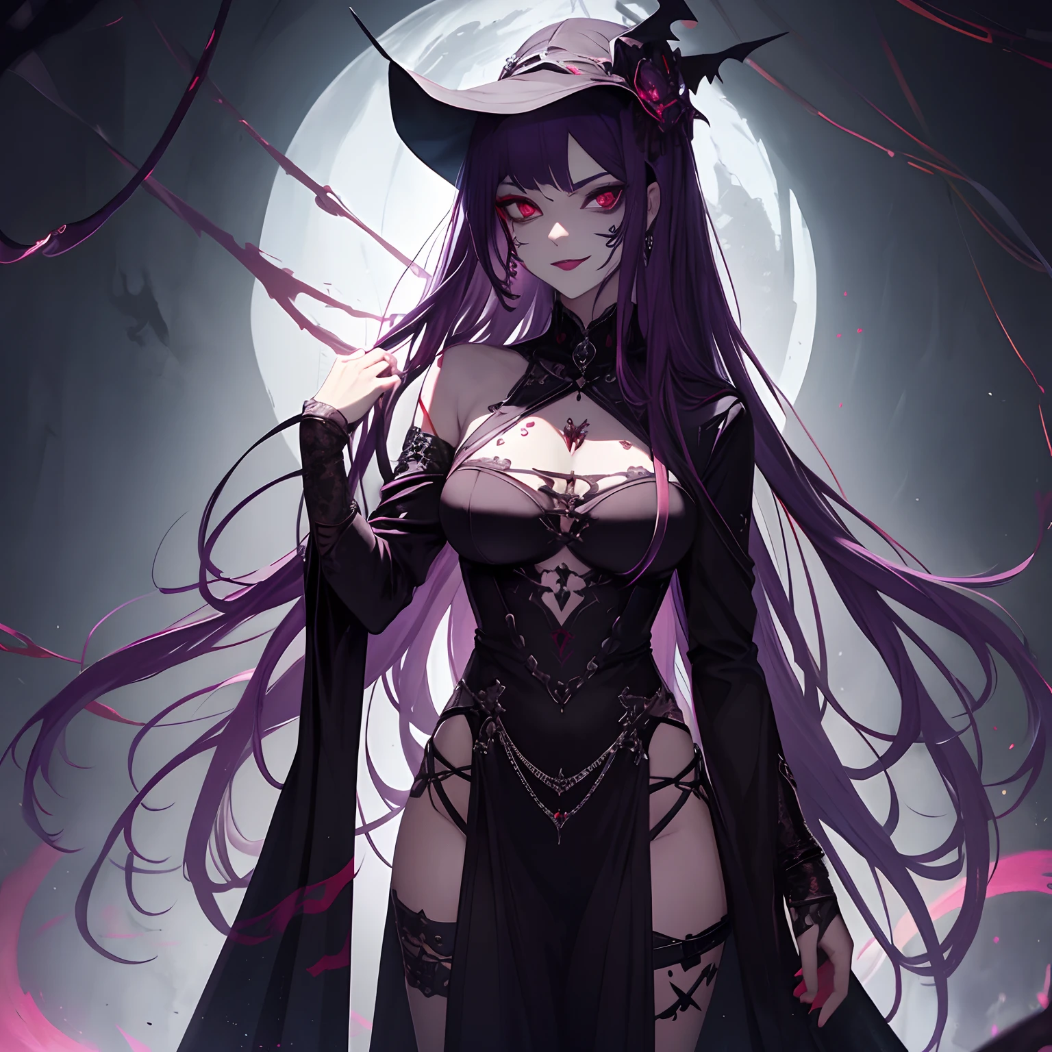 Woman, long dark purple hair, red eyes with a bright light, black long dress, witch, silver jewelry in the shape of ribs, metal mask on half of the face, snake tattoo, dark background, black lipstick