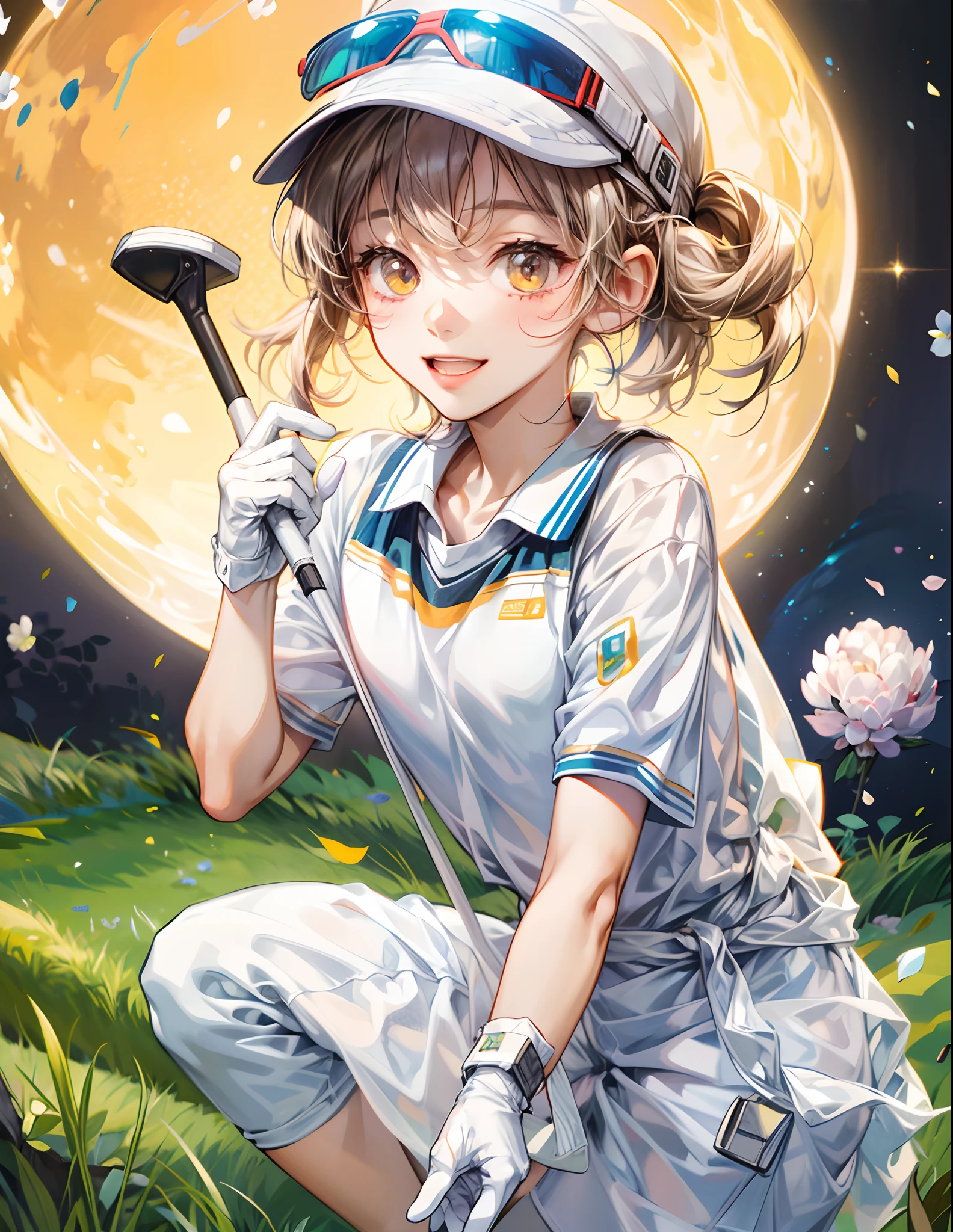 Cute boy, 1boy ,solo,playing golf, cute,pixiv, ultra HD,ghibi,pixiv, details,small white flowers, smiling,((detail everything))