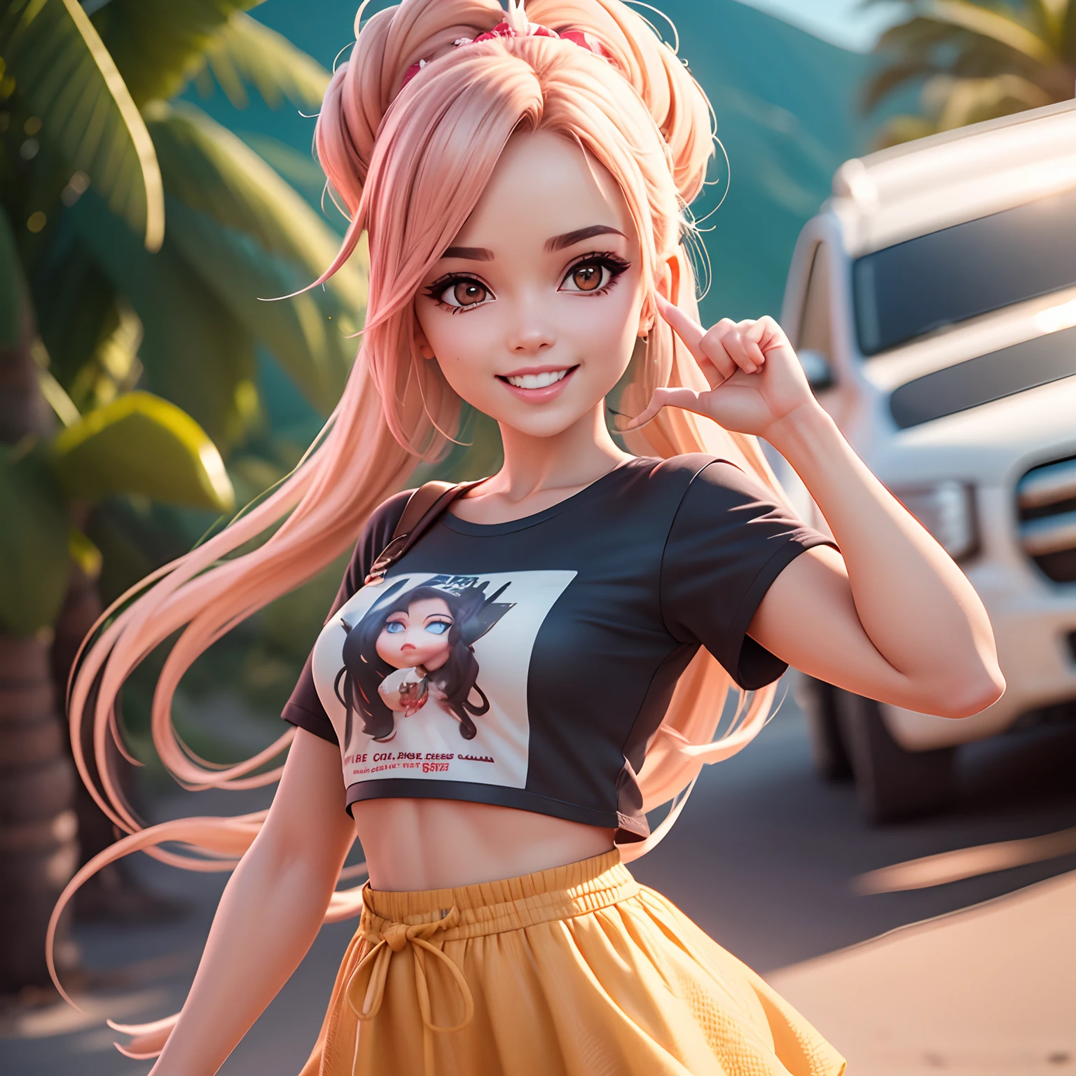 uma mulher sorridente, com longos cabelos castanhos claros, penteado castanho, redondo, rosto pequeno e sorridente, vestindo um moletom rosa com capuz, uma camiseta listrada horizontalmente branca e preta, Points your thumb at the camera, Texto: "ACHADINHOS DA CYNDI", cinemactic, Tipografia, 3D rendering, poster, fotografia, anime, Disney , Ultra realista, 8K resolution, Cinema 4D