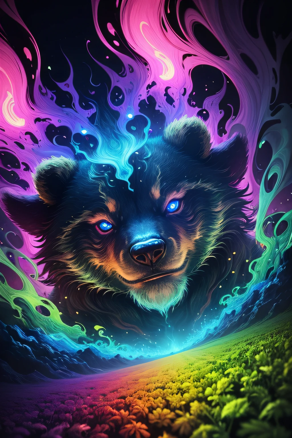 (best quality, 4k, highres, masterpiece:1.2), bears smoking weed, psychedelic texture, glowing eyes, surreal landscape, trippy art style, vibrant lighting, marijuana leaves, smoke clouds, relaxed atmosphere