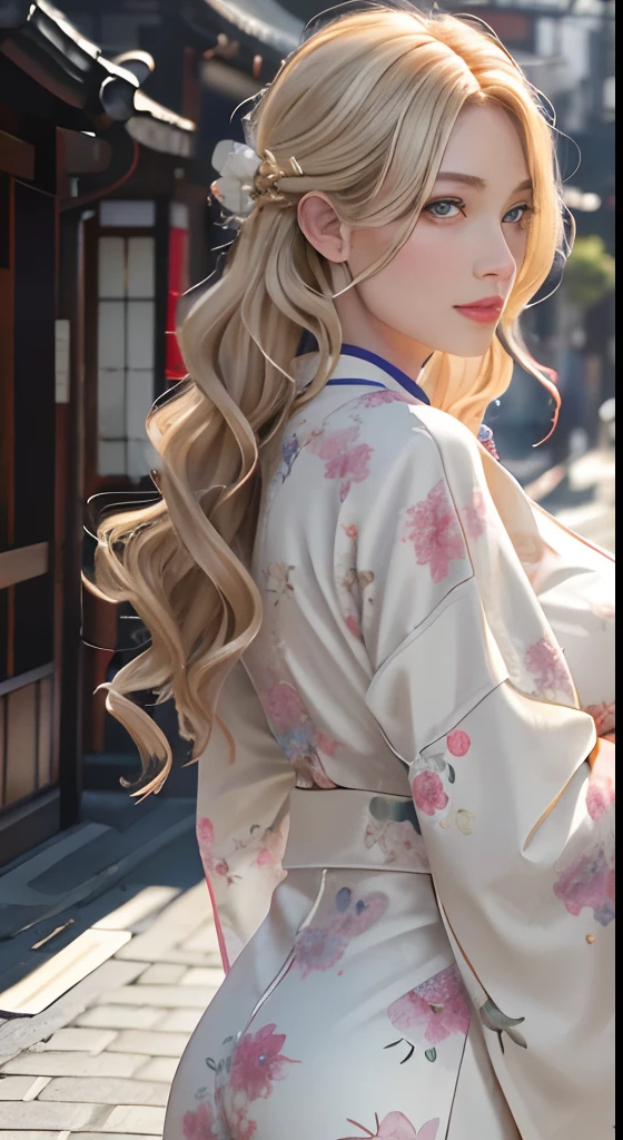 (masutepiece:1.2, Best Quality), Realistic, (real picture, Intricate details, depth of fields)、 ighly detailed, Perfect face, Perfect body, Large models,
Mature Woman, tall, Long legs, 
Natural background bokeh.Huge breasts, Plump、Constriction、Very big ass,、natural soft light、 urbane、 Wide Angle、A sexy、Glamour、European Woman、blondehair、hair wavy、beautiful mature women 、Perfect appearance
Japanese clothing、Japan style hair ornament、Streets of Kyoto
