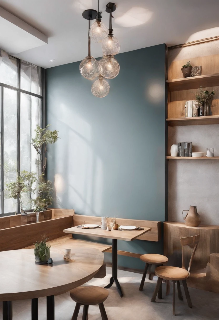 The store is opening,There are windows in the partition,There was sunlight hitting the windows,Close-up table,Sofa next to it,