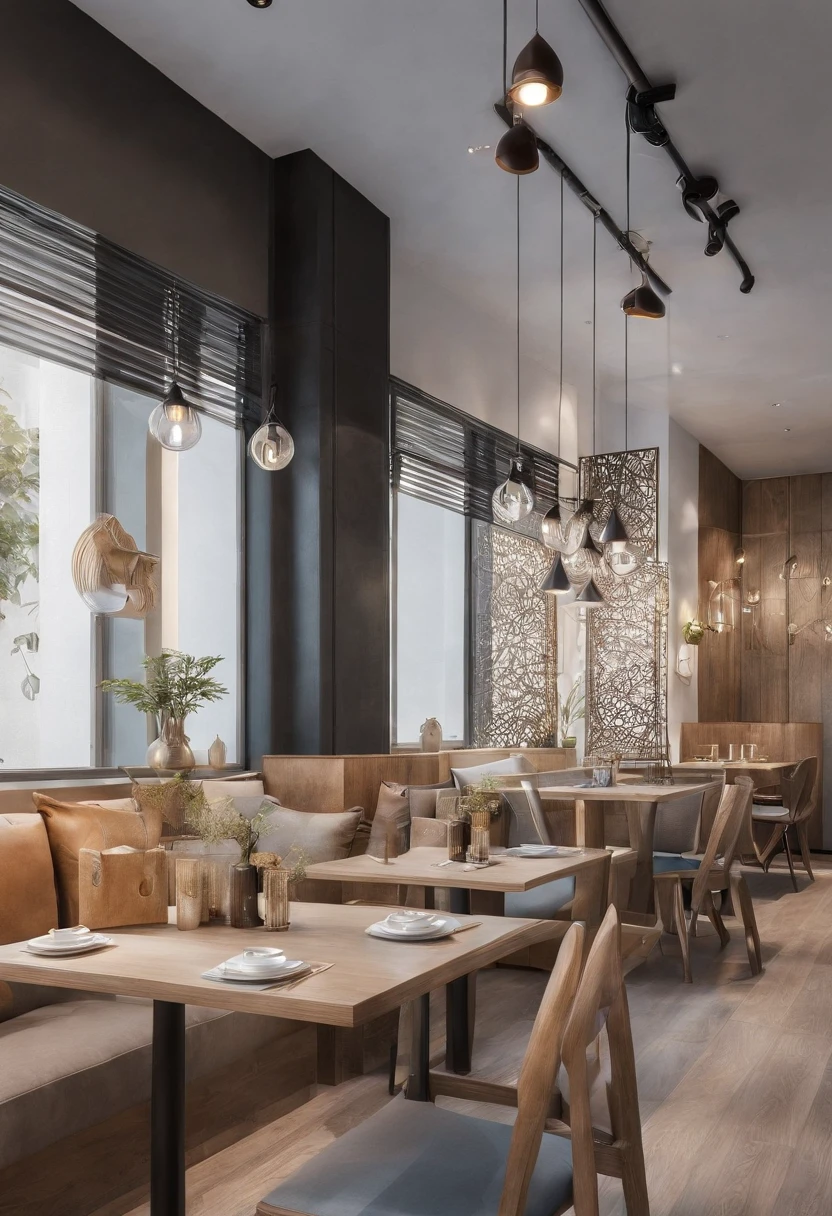 The store is opening,There are windows in the partition,There was sunlight hitting the windows,Close-up table,Sofa next to it,