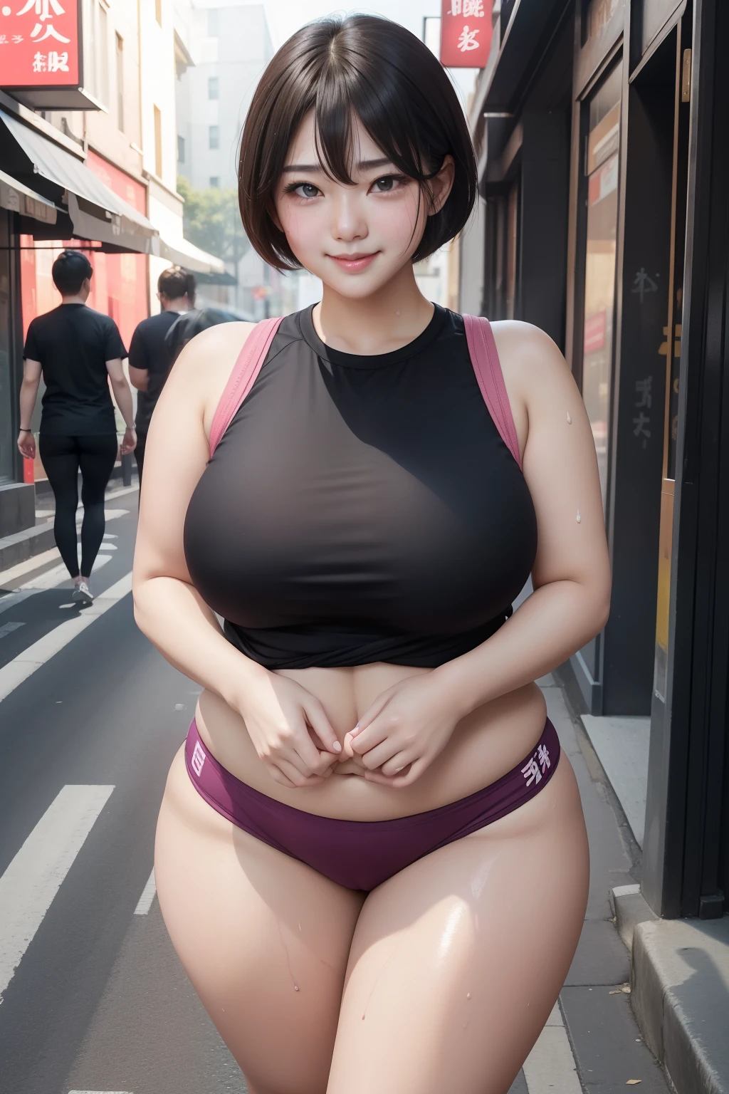 a beauty girl、Erotic、the face is round、bbw、cute little、(((embarrassed from)))thighs thighs thighs thighs、((full of sweat))、Staring at this、full body Esbian、A smile,short-cut, street background