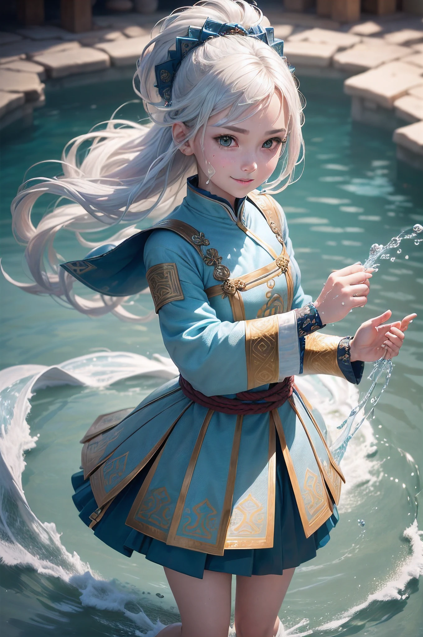 ((Best picture quality, 8K, tmasterpiece: 1.3)), self-shot, Sharp focus: 1.2 , (Highly detailed face,Happy expression,standing on your feet:1.2) , Highly detailed facial and skin texture , ((Water Bender , Control Water by hands , Power)) , (Full traditonal clothes , wearing full clothes) , (Serious girl , Still cute)
