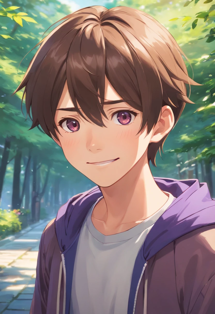 (highres,ultra-detailed,realistic:1.2),portraits,brown hair,courteous and brave young boy,-yeld boith light brown hair,wearing a purple Gi,his eyes are filled with sweetness,his smile radiates positive energy,soft skin