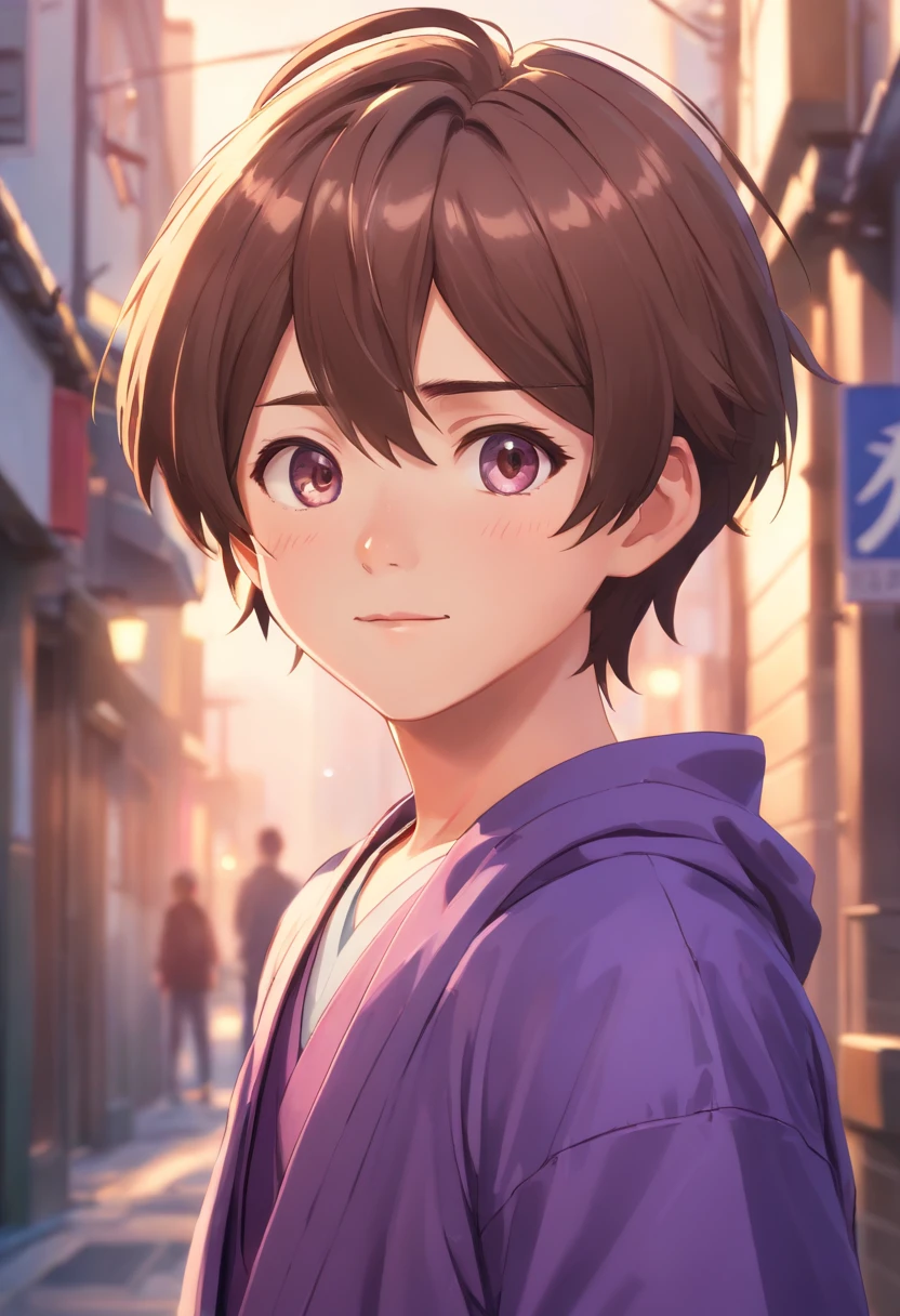 (highres,ultra-detailed,realistic:1.2),portraits,brown hair,courteous and brave young boy,-yeld boith light brown hair,wearing a purple Gi,his eyes are filled with sweetness,his smile radiates positive energy,soft skin