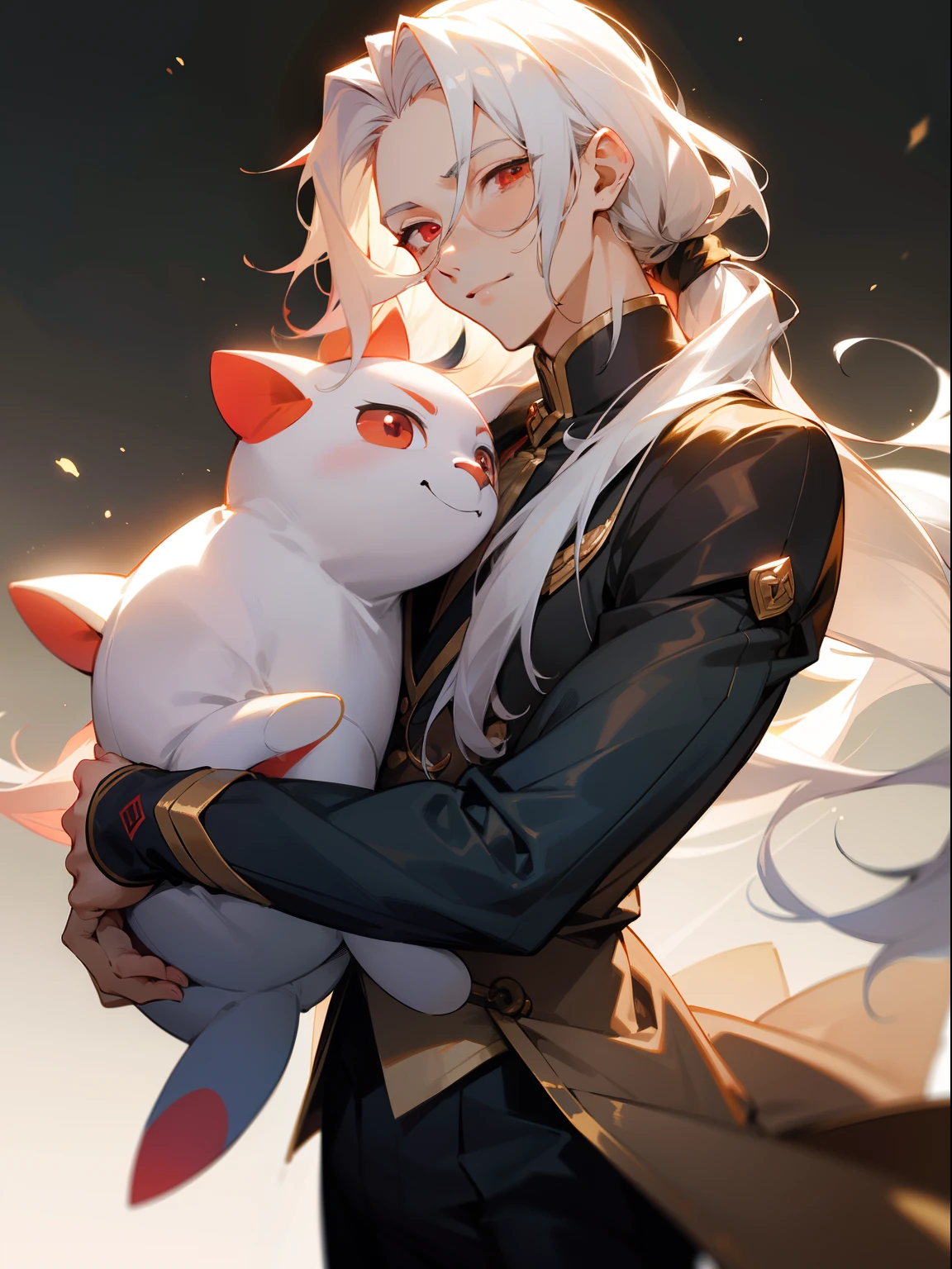 Nagisa Ran, anime male, long hair, white hair, wavy hair, loose ponytail, forehead showing, middle part, red eyes, handsome, masterpiece, best quality, male character, anime man, skinny, slim, male, middle part, young man, forehead showing, well built, adult male, best quality, flawless skin, detailed eyes, happy, holding big plushie, male character, lovely boy, soft colors, soft lighting, bokeh, muted colors, sharp eyes, detailed face, sharp features, viewed from front, detailed outfit, unique outfit, handsome, bishi, broad shoulders, sexy, hot, holding large stuffed animal, happy expression, soft smile, tranquil