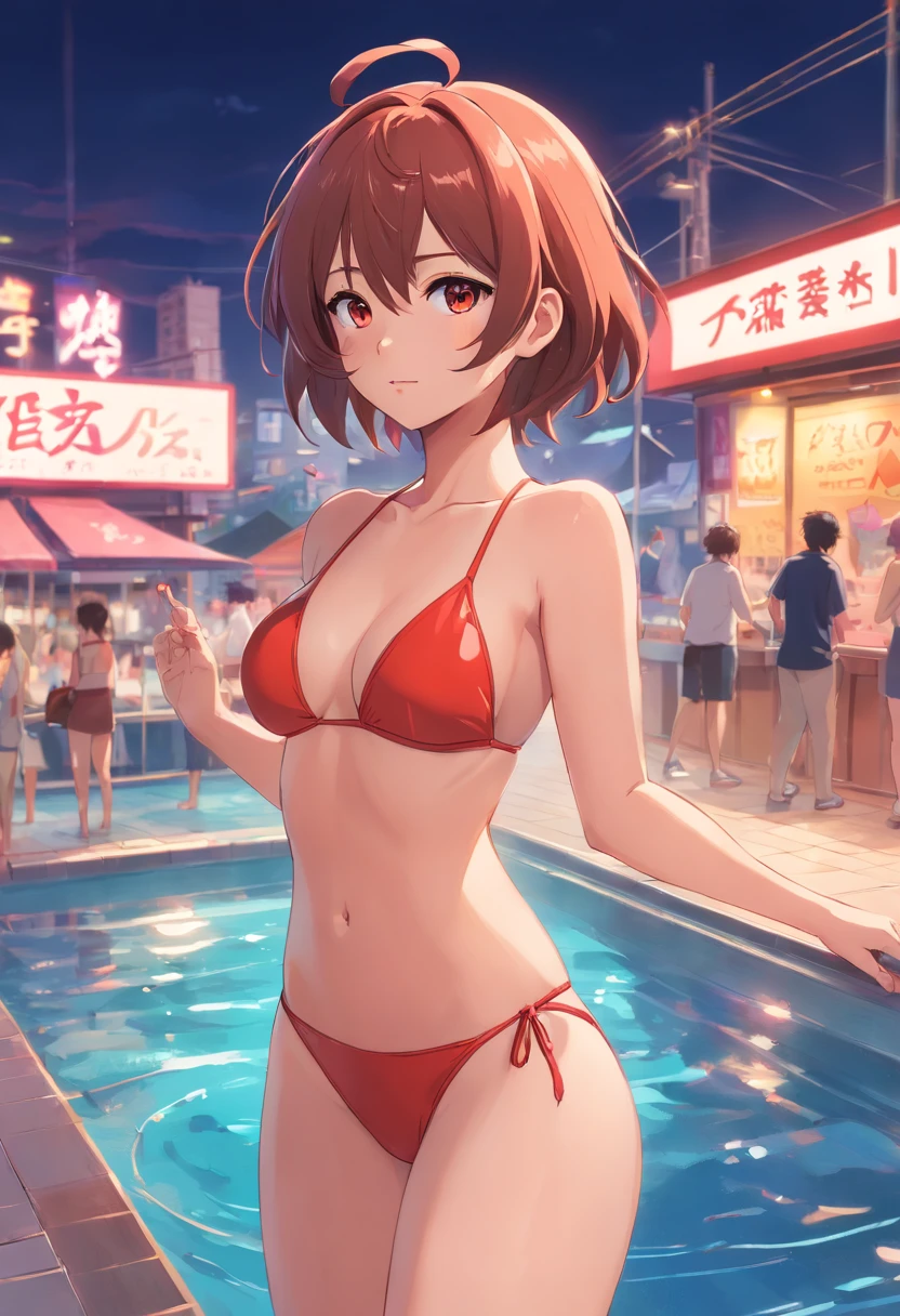 Chica anime, Mujer, por el negro, ojos rojos, sentada, sonrojada, Bikini ajustado, Piscinas, sexy, tetas grandes,muslos grandes, orgasmo, tanga mojada, piernas abiertas
