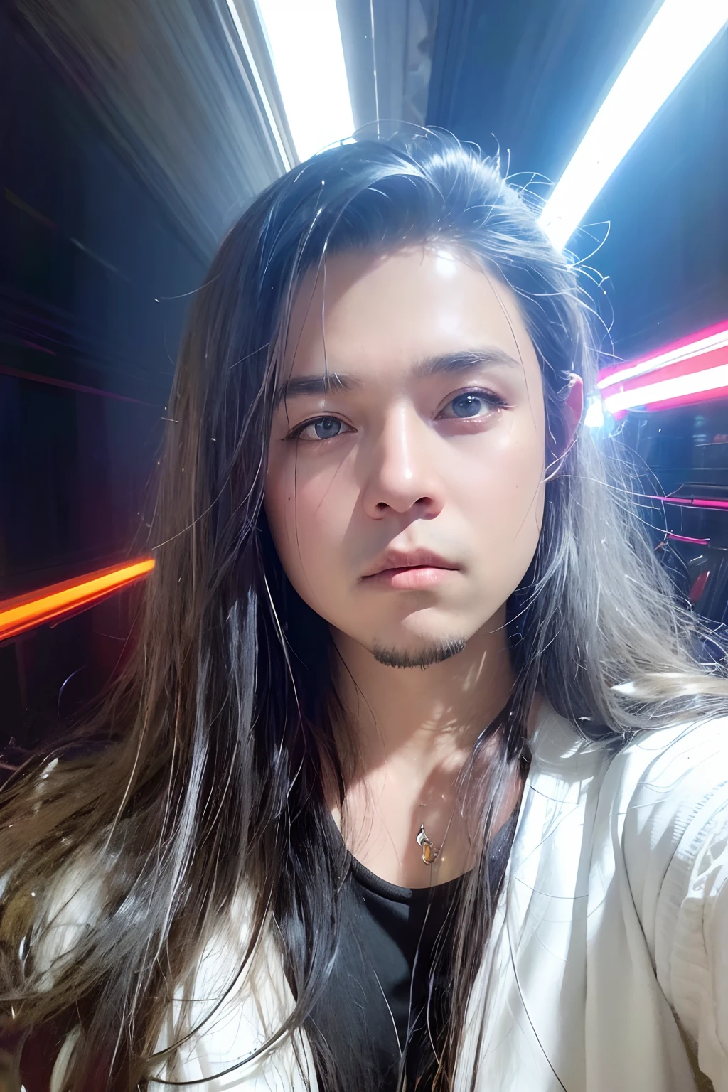 Surrealistic male portraits by David Hockney and Alphonse Mucha, fantasy art, photorealism, dynamic lighting, artstation, poster, volumetric lighting, very detailed faces, 4k, award-winning, 1girl, in the dark, deep shadows, understated, denim photos, (formal wear: 1.4), long hair, gray hair,
