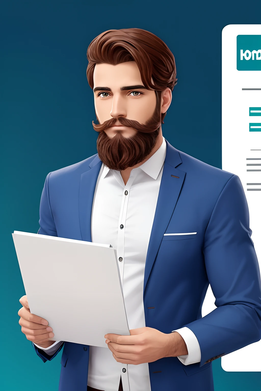 Homem 2D, com barba, roupas forrmal, holding a clipboard, sem antecedentes