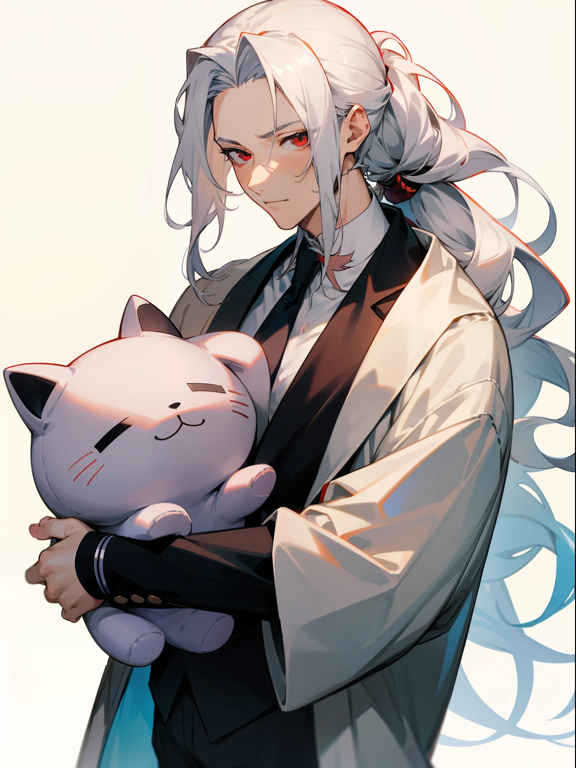 Anime character holding a cat with a white hair and black eyes 