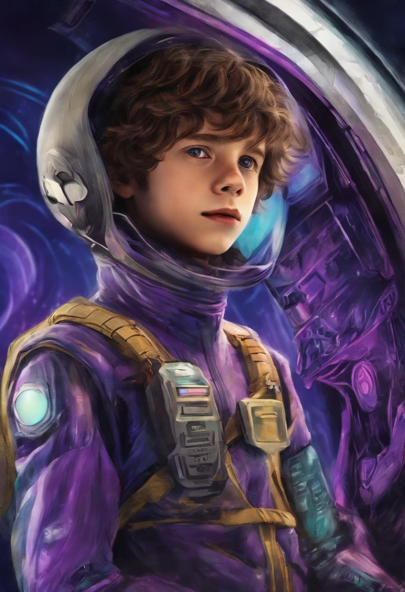 (highres,ultra-detailed,realistic:1.2),portraits,brown hair,courteous and brave young boy,14-year-old boy with light brown hair,wearing a purple Gi,his eyes are filled with sweetness,his smile radiates positive energy,soft skin