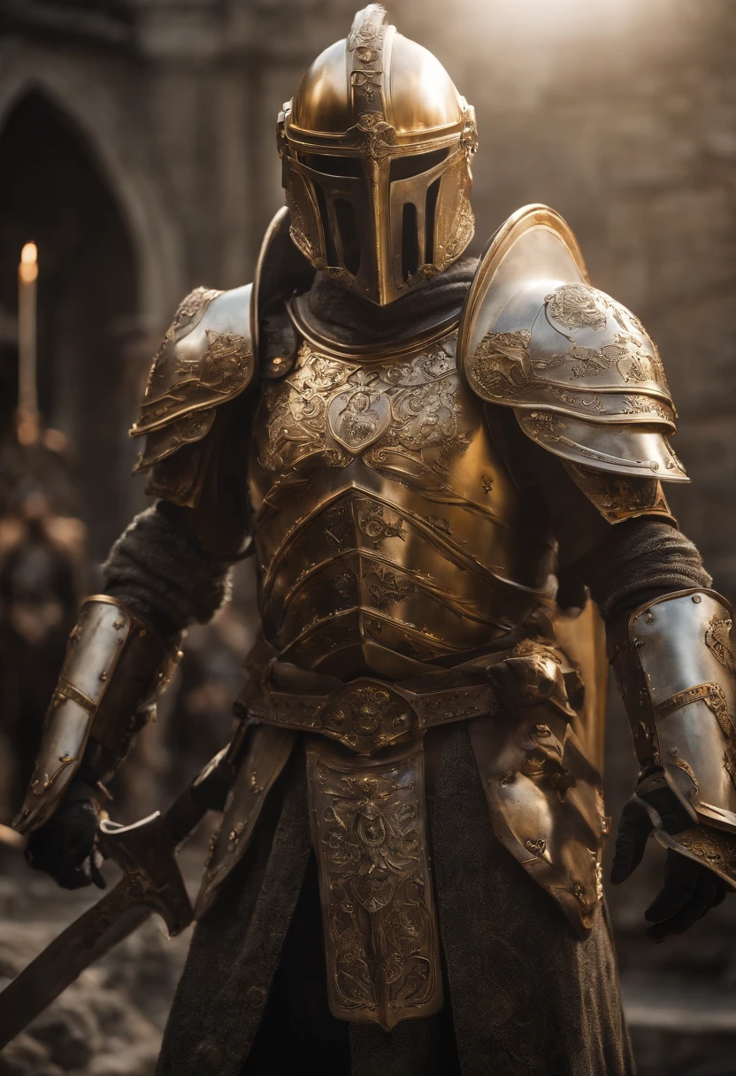 (ultra-realistic),(best quality,4k,8k,highres,masterpiece:1.2),3 Angelic beings in armor. Angel on the left is facing left with a sword in hand ready for battle. Angel in the middle directly in the center and wings spread has a shield with a holy crest in the center. Angel on the right has a lance and is standing facing the right ready for battle. Background is an old temple made of white and gray marble with gold trim. Silver armor with gold accents. Weapons are gold.