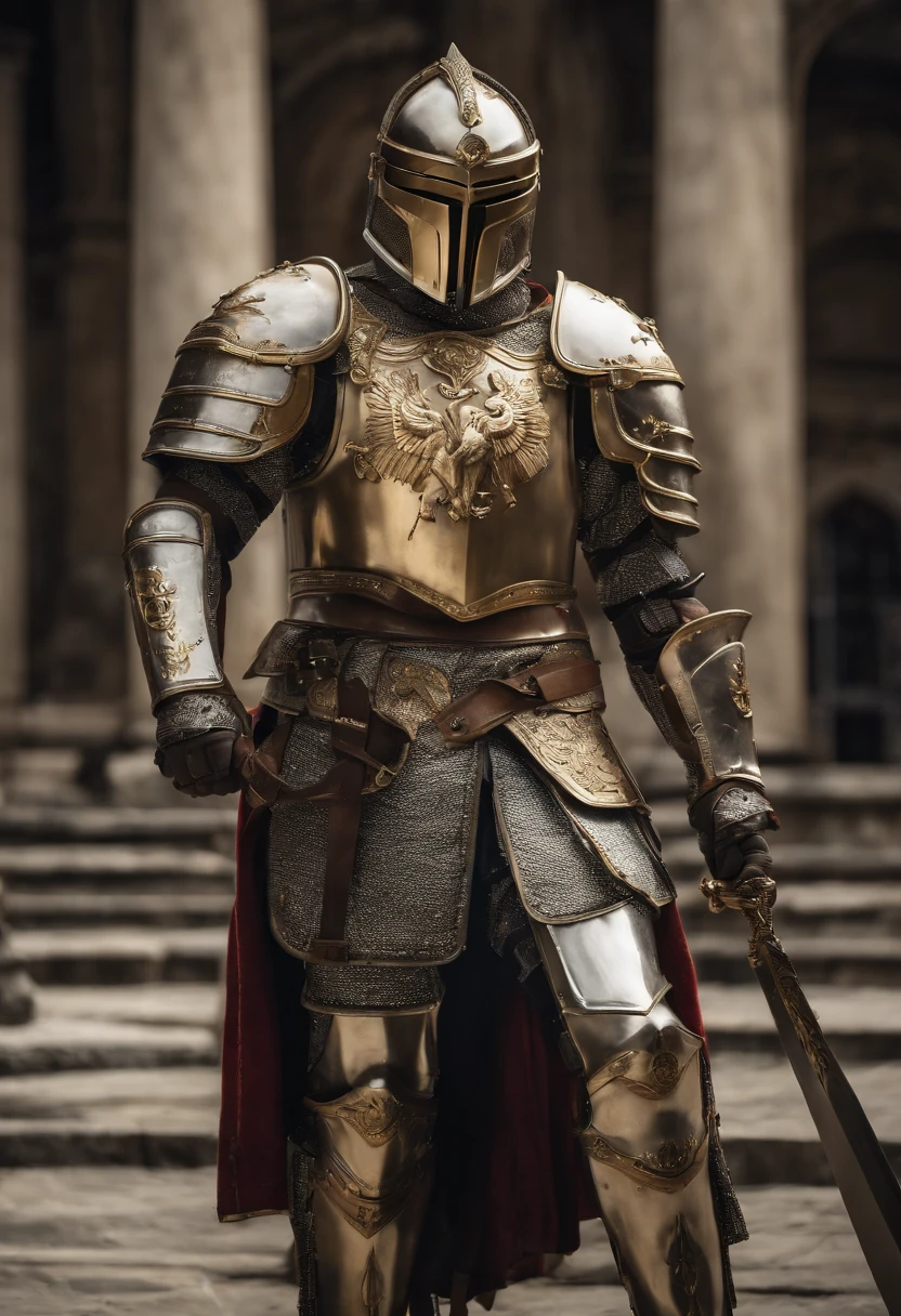 (ultra-realistic),(best quality,4k,8k,highres,masterpiece:1.2),3 Angelic beings in armor. Angel on the left is facing left with a sword in hand ready for battle. Angel in the middle directly in the center and wings spread has a shield with a holy crest in the center. Angel on the right has a lance and is standing facing the right ready for battle. Background is an old temple made of white and gray marble with gold trim. Silver armor with gold accents. Weapons are gold.