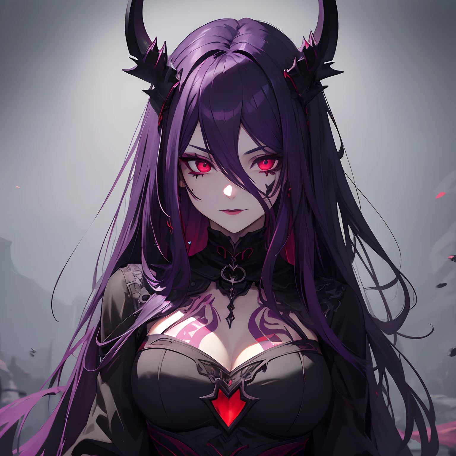 Woman, long dark purple hair, red eyes with a bright light, black long dress, witch, silver jewelry in the shape of ribs, metal mask on half of the face, snake tattoo, dark background, black lipstick
