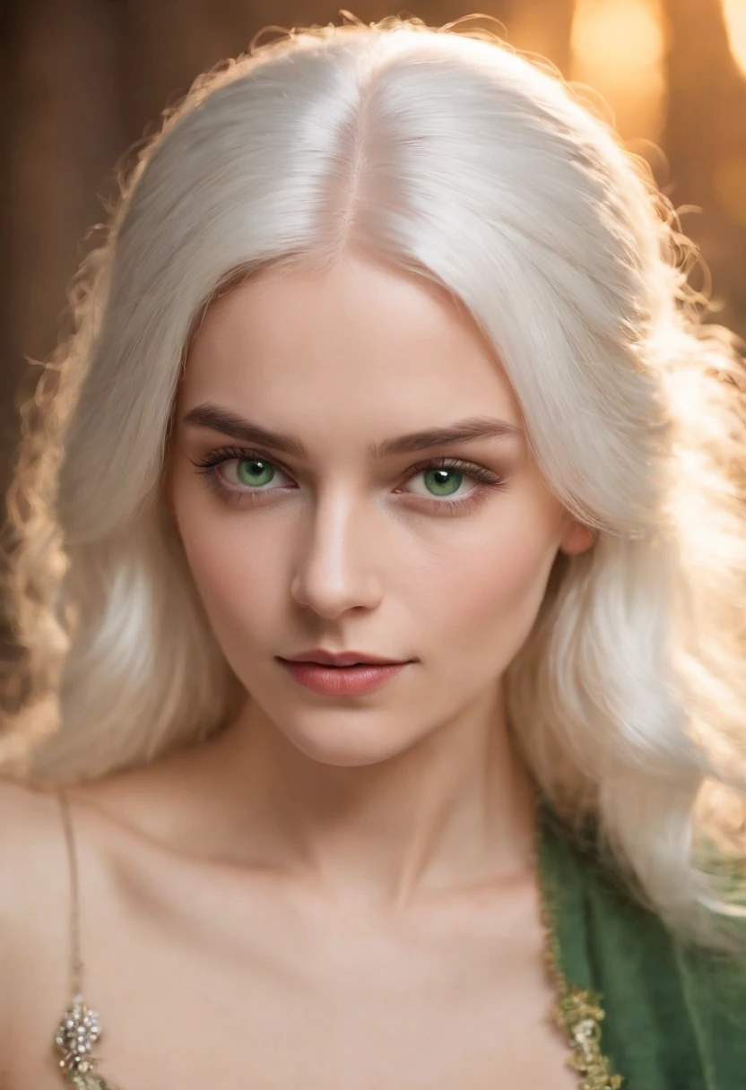 topless, woman around 19 years old, natural white hair, distinctive green eyes, wearing kohl showing tits, half naked, slender and graceful, beautiful, candlelight in a medieval setting, ultra sharp focus, realistic shot, medieval female clothes, tetradic colors (scar:1.4)