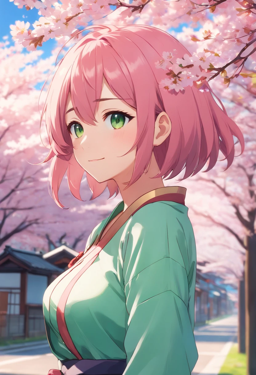 tmasterpiece, Best quality at best, 1girll, Sakura Haruno, Large breasts,Off-the-shoulder attire,(cleavage),(upperbody closeup),Raised sexy,is shy,ssmile,with pink hair, long whitr hair, (Green eyeballs:1.4), Forehead protection, the cherry trees,Cherry blossoms flying,Red clothes,Zipper half