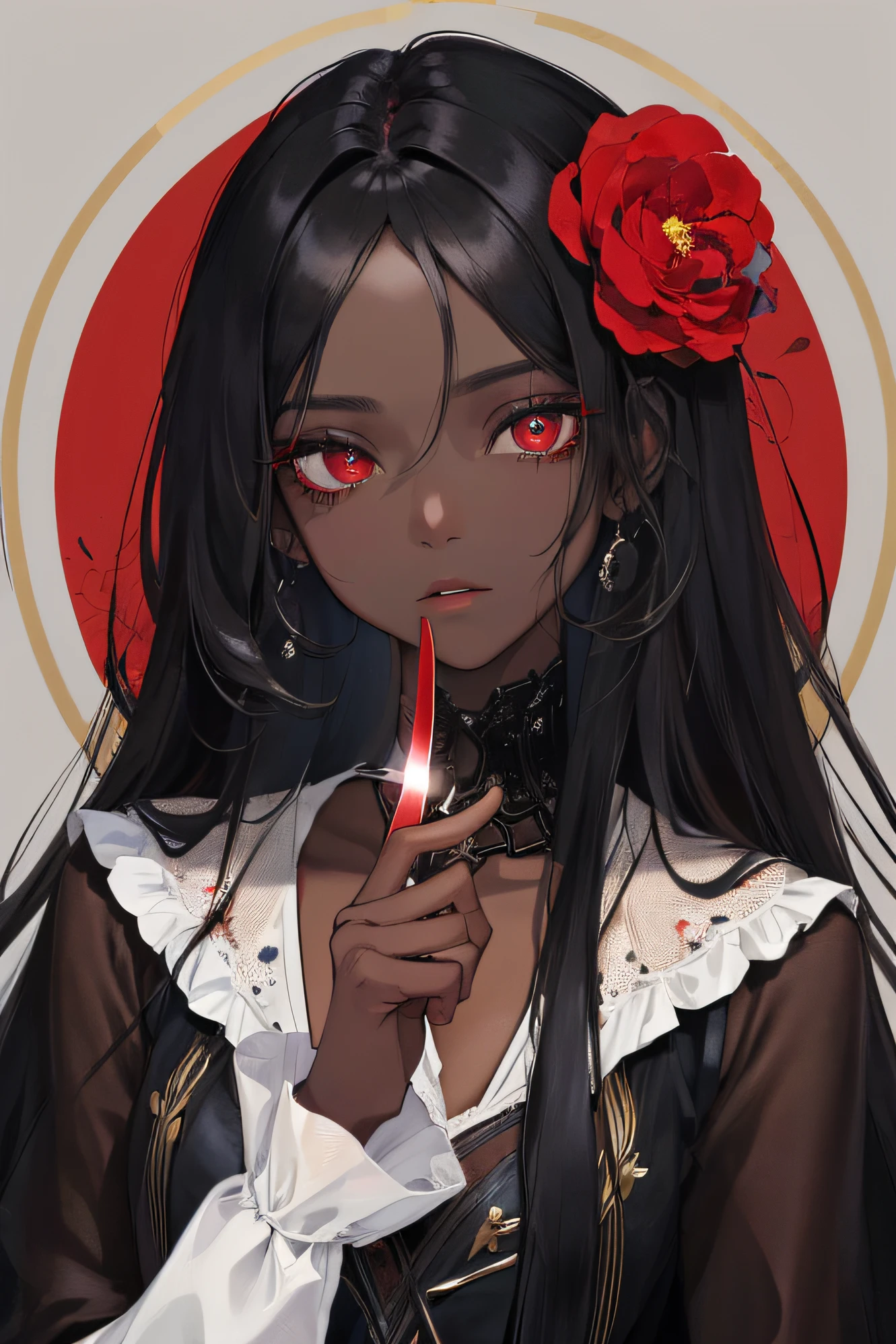 Masterpiece, Best Quality, Night, Full Moon, 1 Girl, Mature Female, Black Skin Tone, Sister, Royal Sister, Cold Expression, Face expressionless, Black Long Haired Female, Calm, Intellectual, Three Bands, Red Pupils, Assassin, Short Knife, Flower Ball Background, Hand Details, Finger Details, Facial Details, Eye Details,
