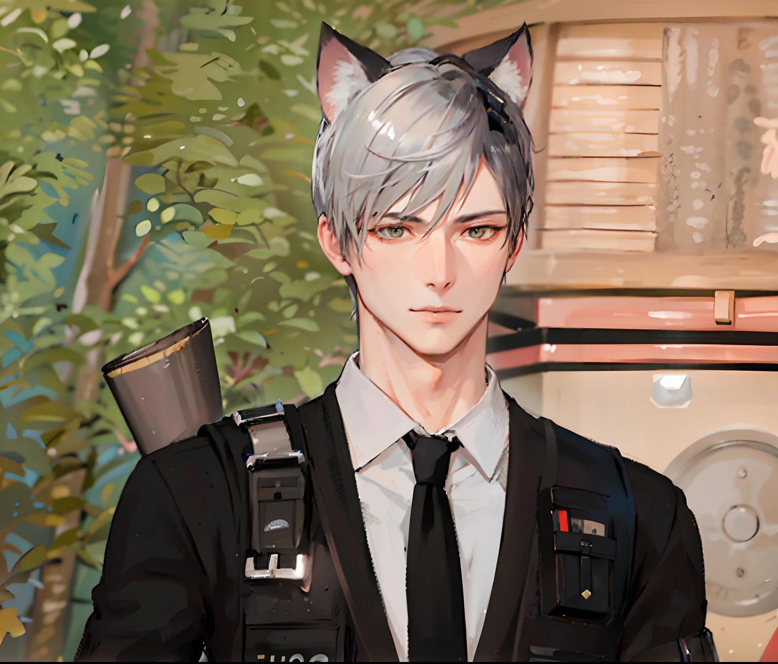 there is a man with a gun and a cat ears on his head, with very highly detailed face, he has dark grey hairs, boy with cat ears and tail, silver hair (ponytail), thancred waters in style of wlop, white - haired fox, handsome stunning realistic, inspired by Bian Shoumin, silver haired, sakimichan, highly detailed character