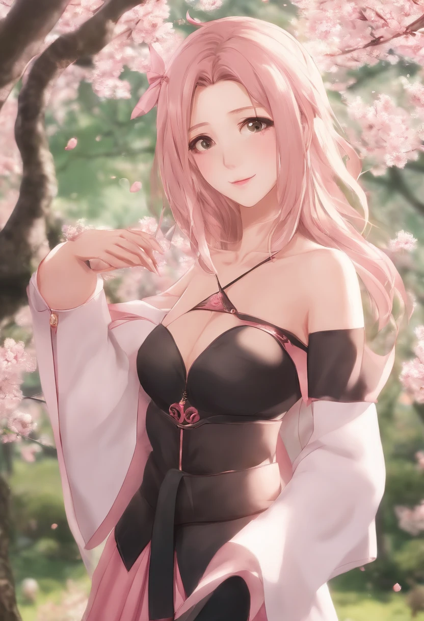 tmasterpiece， Best quality at best， 1girll， Sakura Haruno， Large breasts，Off-the-shoulder attire，（cleavage)，（upperbody closeup)，Raised sexy，is shy，ssmile，with pink hair， long whitr hair， （Green eyeballs:1.4)， Forehead protection， the cherry trees，Cherry blossoms flying，Red clothes，Zipper half