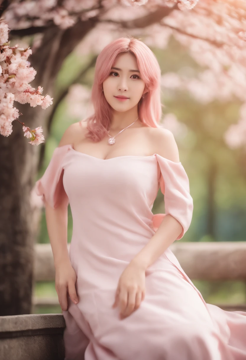 tmasterpiece， Best quality at best， 1girll， Sakura Haruno， Large breasts，Off-the-shoulder attire，（cleavage)，（upperbody closeup)，Raised sexy，is shy，ssmile，with pink hair， long whitr hair， （Green eyeballs:1.4)， Forehead protection， the cherry trees，Cherry blossoms flying，Red clothes，Zipper half