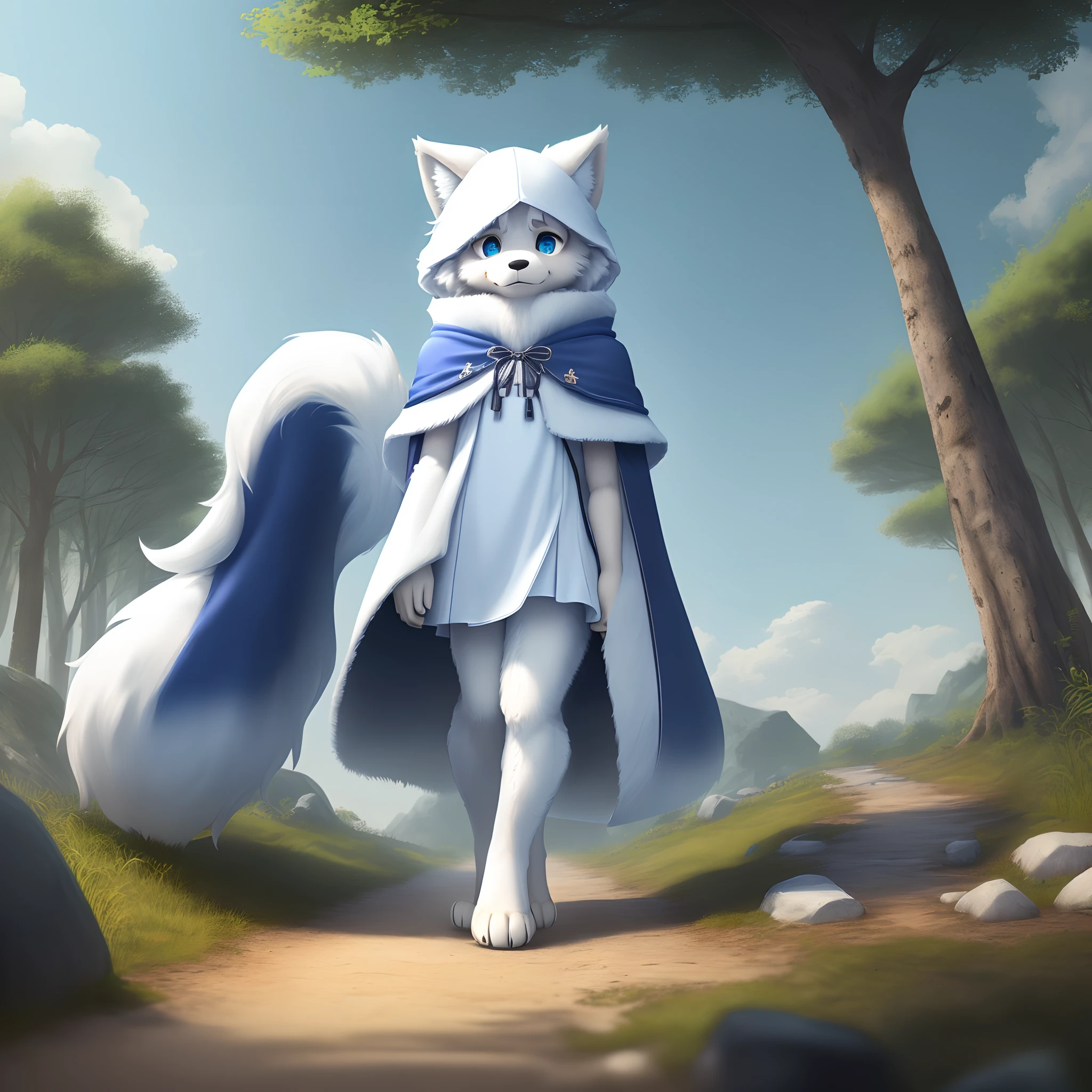 Anthropomorphic furry little wolf，A half body, White color hair,large ear，Big blue eyes，Fluffy tail，adolable, Light：Extreme light and shadow, Reflective skin,Reddish skin，(anthr,(Full Body Furry, Fluffy tail, White fur, Sky blue eyes, Silvery hair:1.2), (long canines、cloaks：1.5）,Shota short sleeves)) ，((Deep in the forest，Stone path，独奏，solo person))，Outdoor sunset，((the detail))，（depth of fields），standing on your feet