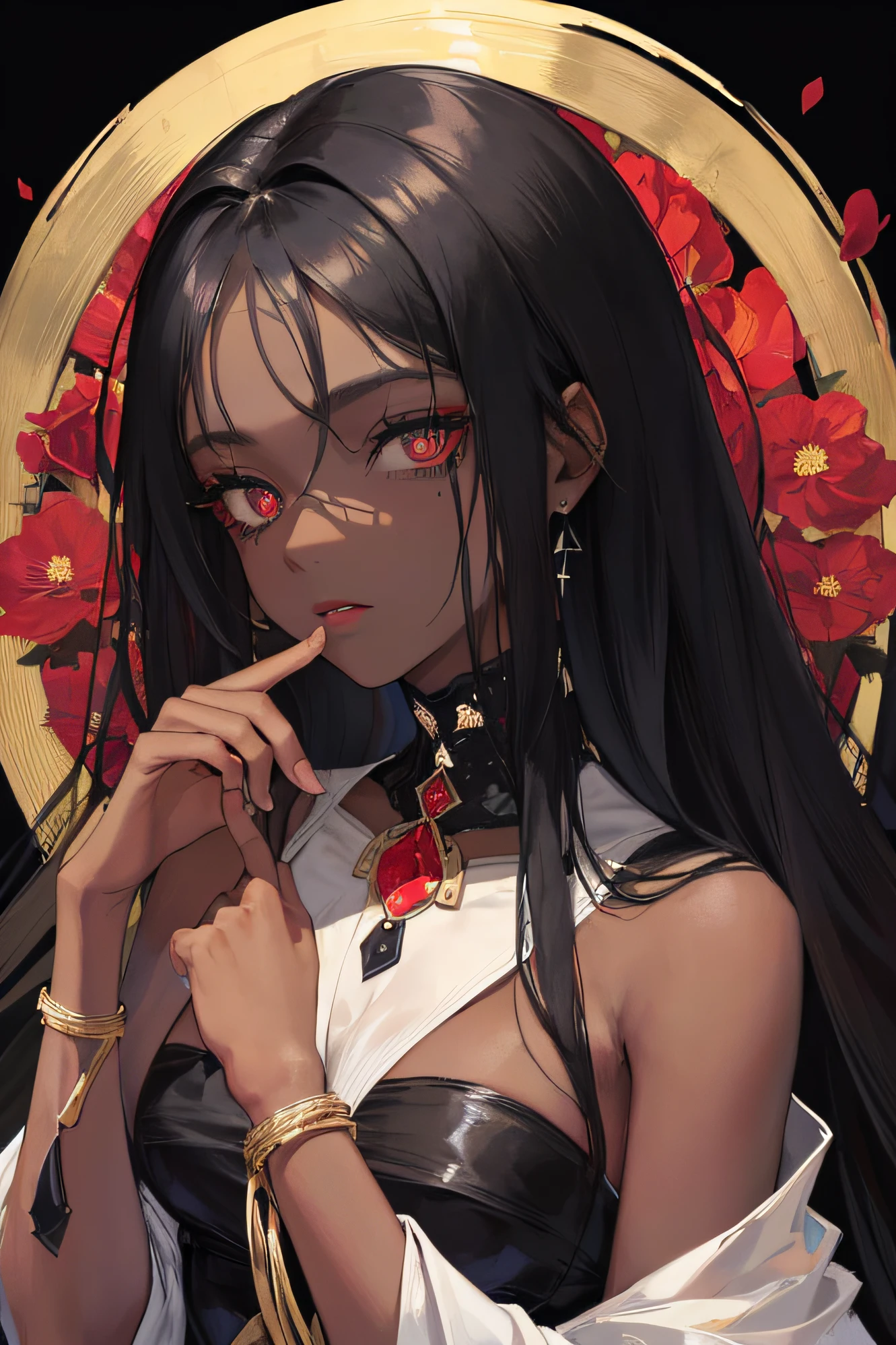 Masterpiece, Best Quality, Night, Full Moon, 1 Girl, Mature Female, Black Skin Tone, Sister, Royal Sister, Cold Expression, Face expressionless, Black Long Haired Female, Calm, Intellectual, Three Bands, Red Pupils, Assassin, Short Knife, Flower Ball Background, Hand Details, Finger Details, Facial Details, Eye Details,