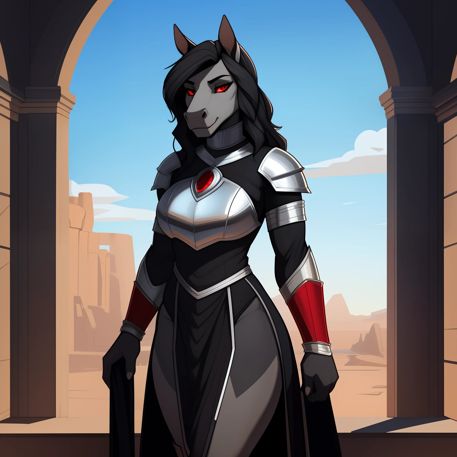 Lanky_muscular_mature_horse female black_hair short_wavy_hair charcoal_gray_furry_body red_eyes black_medieval_gown_with_red_trim silver_breastplate silver_gorget silver_bracers silver_greaves thick_silver_circlet solo Masterpiece best_quality absurdres highly_detailed cleanly_drawn_eyes anthro_only by_claweddrip, by_greasymojo, by_underscore-b, by_runawaystride