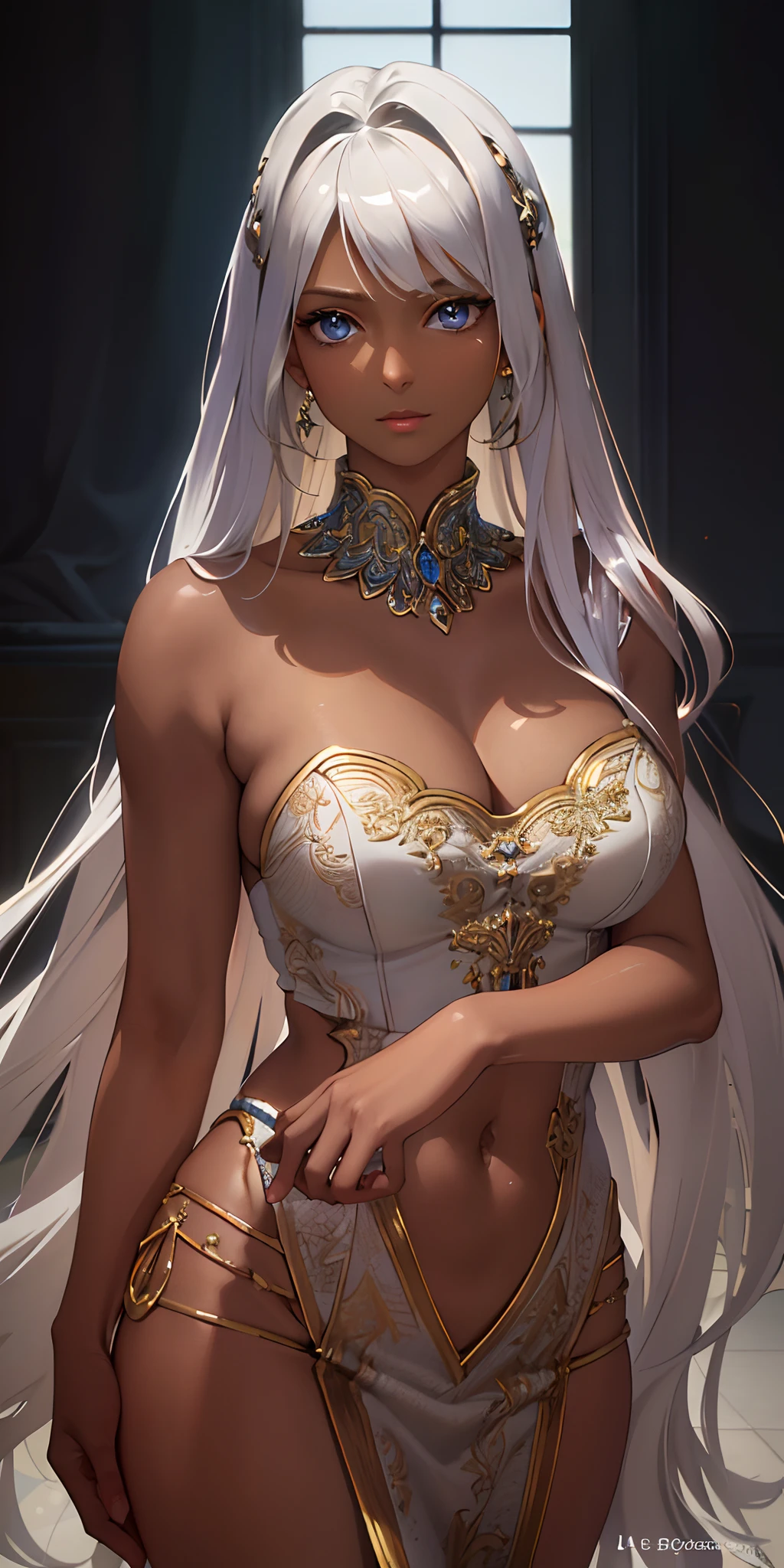 (Photorealistic:1.4), (Masterpiece, Sidelight, Exquisite Beautiful Eyes: 1.2), Masterpiece*Portrait, Realistic, 3D Face, Glistening Eyes, Glossy Hair, Glossy Skin, (((brown skin, dark skin: 1.5))), blue eyes, silver hair, Solo, Embarrassing, (Abdomen),