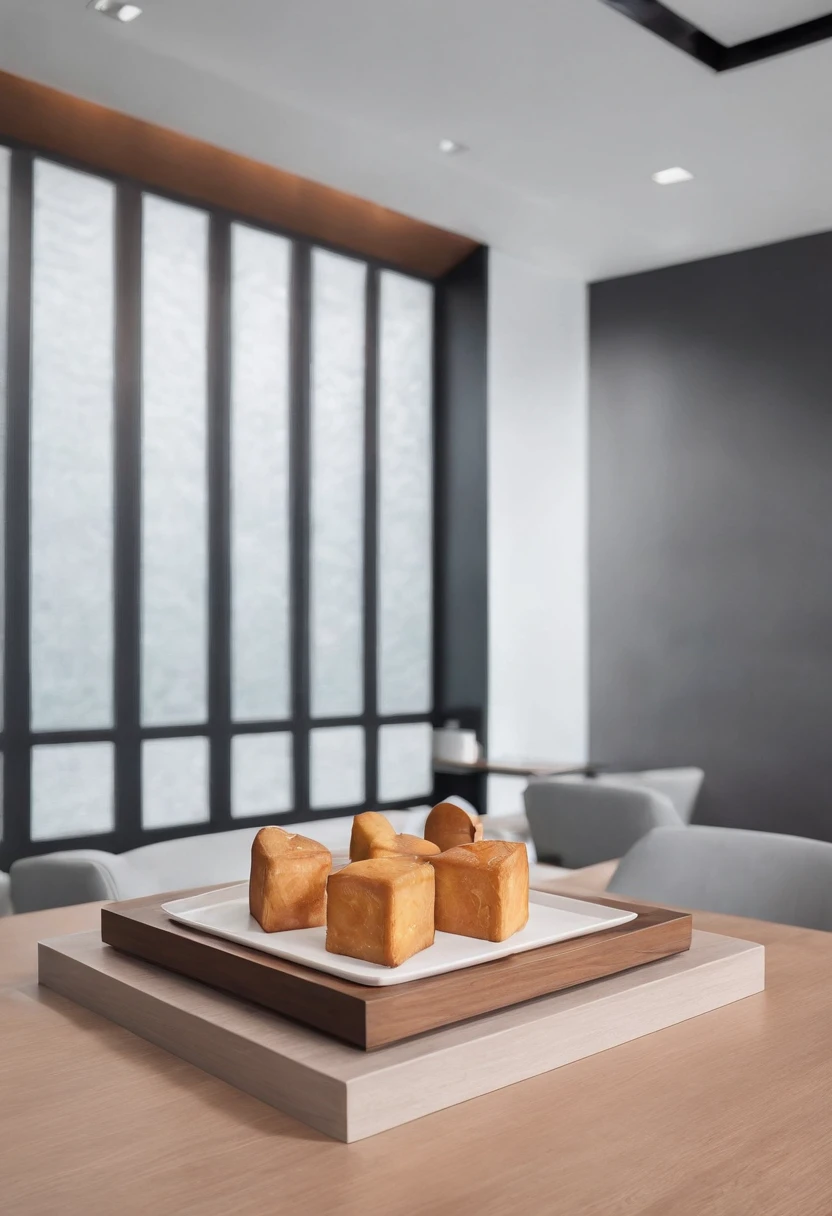 A company lounge,There is a wooden table,There is a gift box next to it,There is a wooden window at the back that allows light to be channeled,Chinese squares