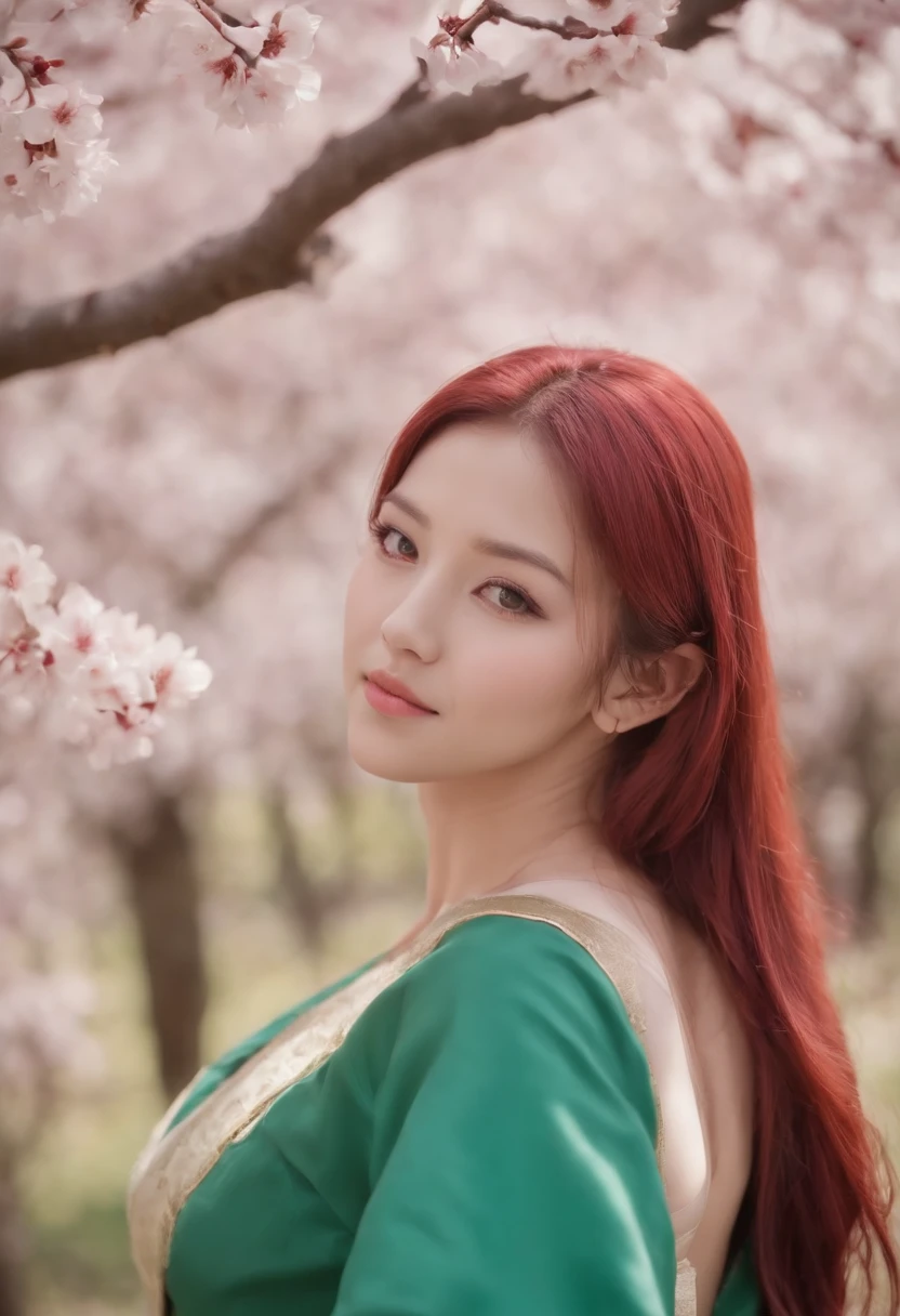 tmasterpiece, Best quality at best, 1girll, Sakura Haruno, Large breasts,Off-the-shoulder attire,(cleavage),(upperbody closeup),Raised sexy,is shy,ssmile,with pink hair, long whitr hair, (Green eyeballs:1.4), Forehead protection, the cherry trees,Cherry blossoms flying,Red clothes,Zipper half