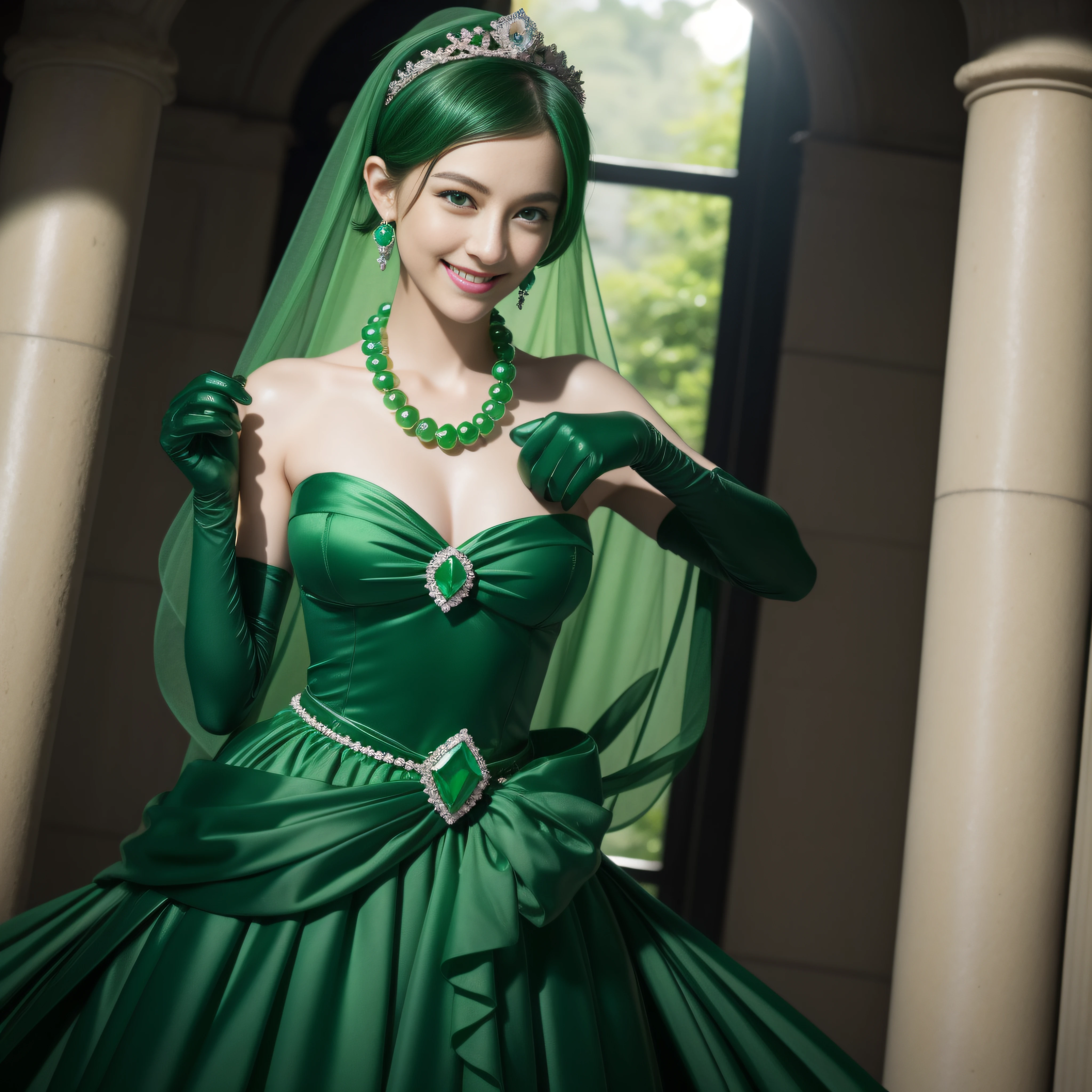 emerald tiara, Green Pearl Necklace, Boyish very short black hair, lipsticks, Japan woman smiling, very short short hair, big breasts beautiful, Green eyes, Long green gloves made of satin material, Green eyes, Emerald Earrings