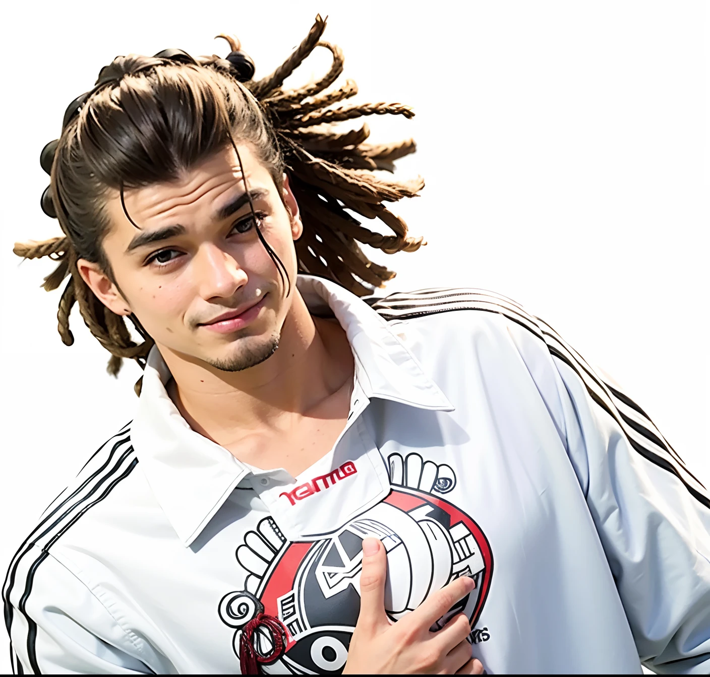 Brazil football player, man, white kit, shirt dreads near skin on on top of the head going into long dreadlocks ponytail, cheeky smile