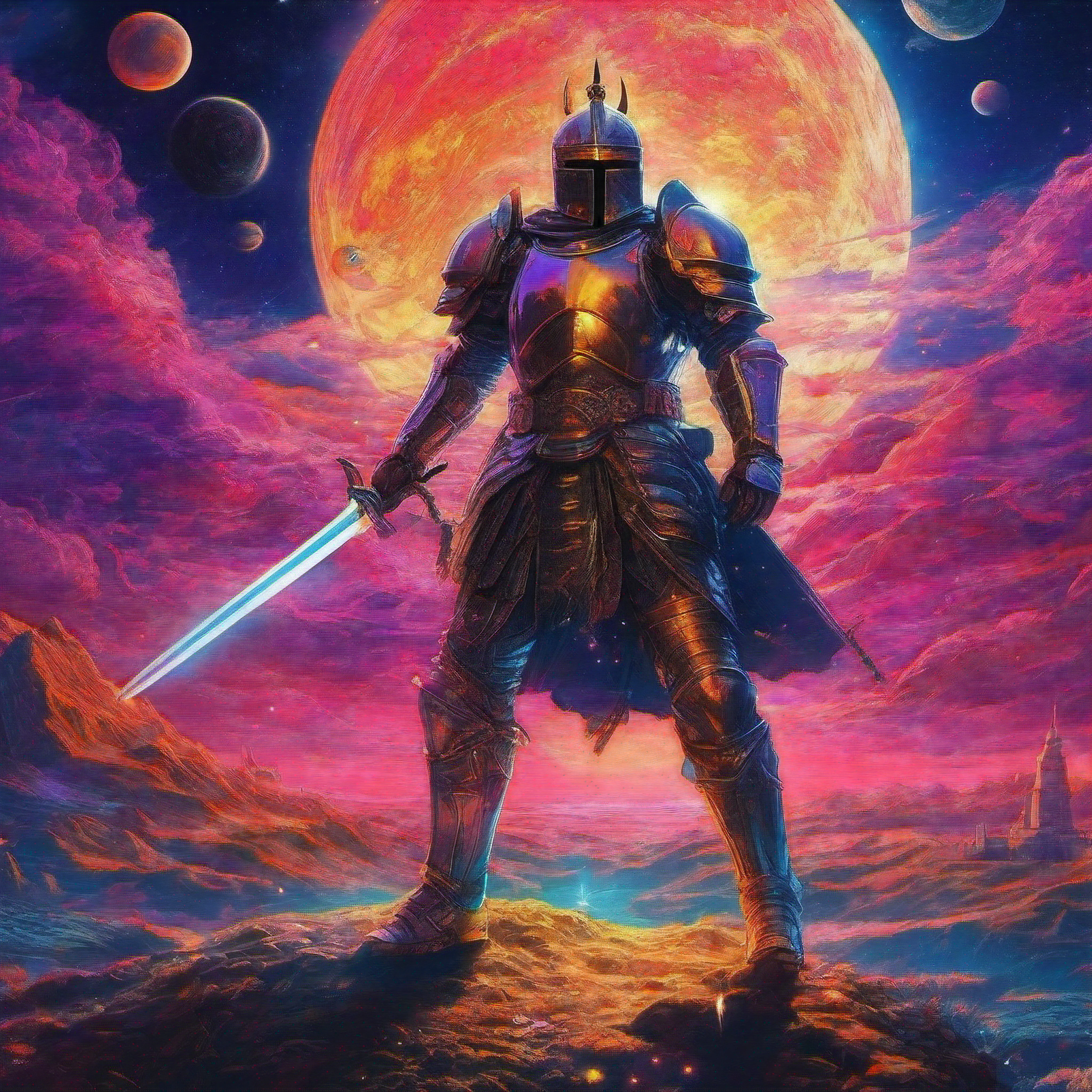 a great horizon the sun sets, across the distance a universe echoes, stars and planets shimmer in the night, the knight with the sword knows the way to heaven. 8k wallpaper, beautiful and aesthetic, masterpiece, best quality, extremely detailed, vivid colours, beautiful and aesthetic