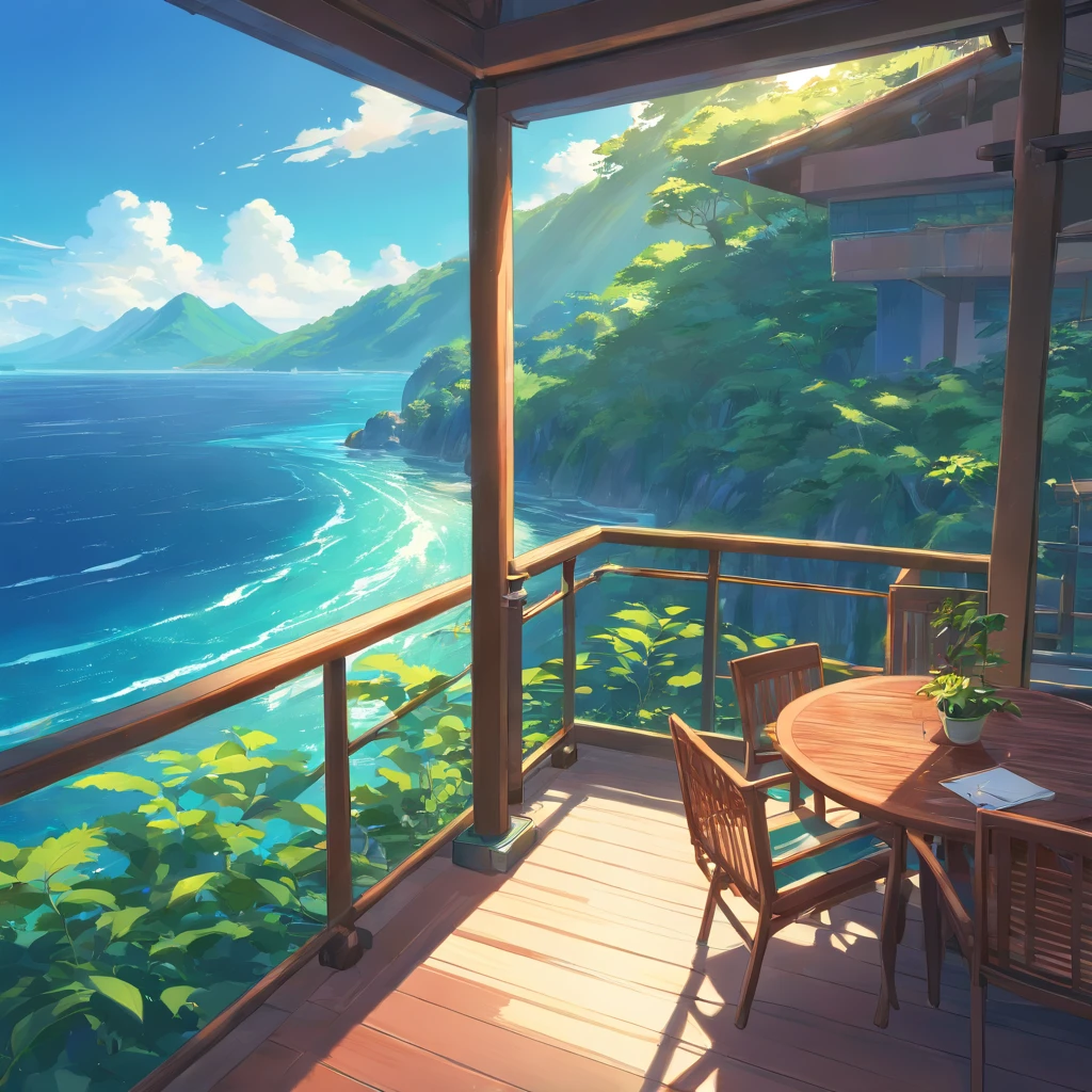 Lagoa grande muito realista bonita, dentro da ilha no oceano ao redor da selva, Lindo hotel na costa, Vista lateral superior 3D