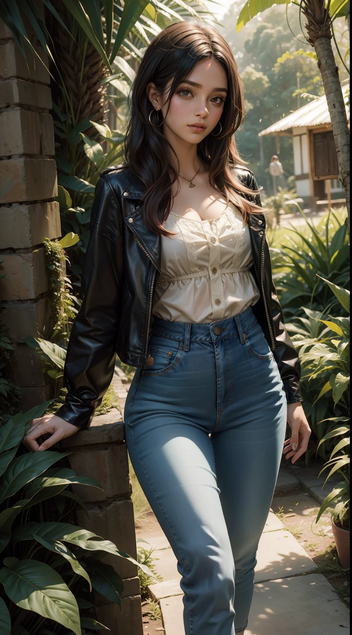 2 mulheres em uma floresta sombrias, duas mulheres de saia/ jeans and blouse cropped leather bar. uma garota tem cabelo ruivo/vermelho, e outra garota tem cabelo preto com mechas azuis/verde