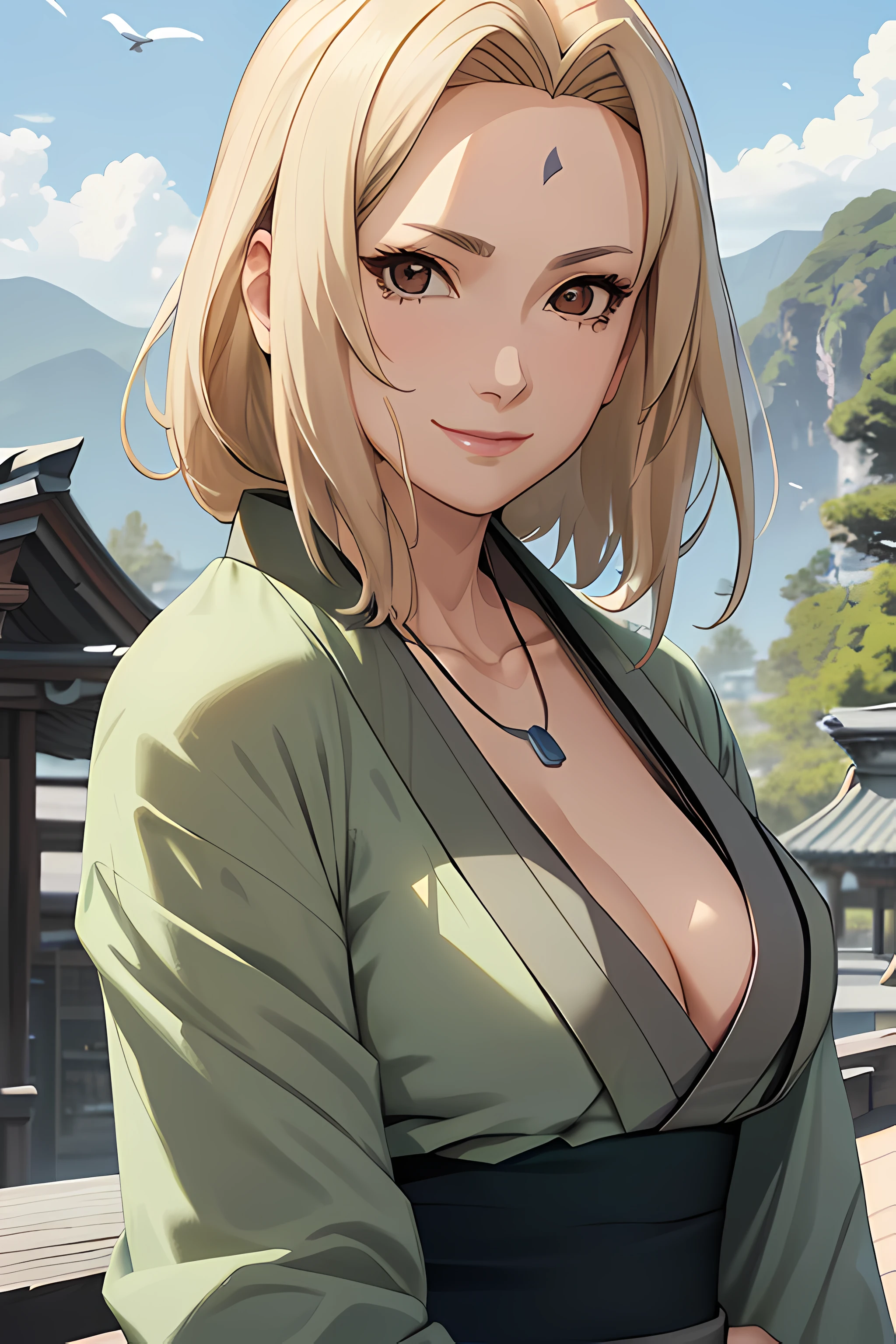 1woman,solo,blonde hair,medium hair,brown eyes,(((forehead blue mark))),cleavage,necklace,wearing haori,(((green haori))),wearing kimono,(((grey kimono))),(((haori on kimono))),posing,smiling,(((flying kiss))),standing,background:mountains,background:sky,correct anatomy,detailed hands,detailed face,detailed fingers,(masterpiece:1.2),realistic:1.5,ultra details,daylight,windy,(((SFW))),(upper body:1.3)