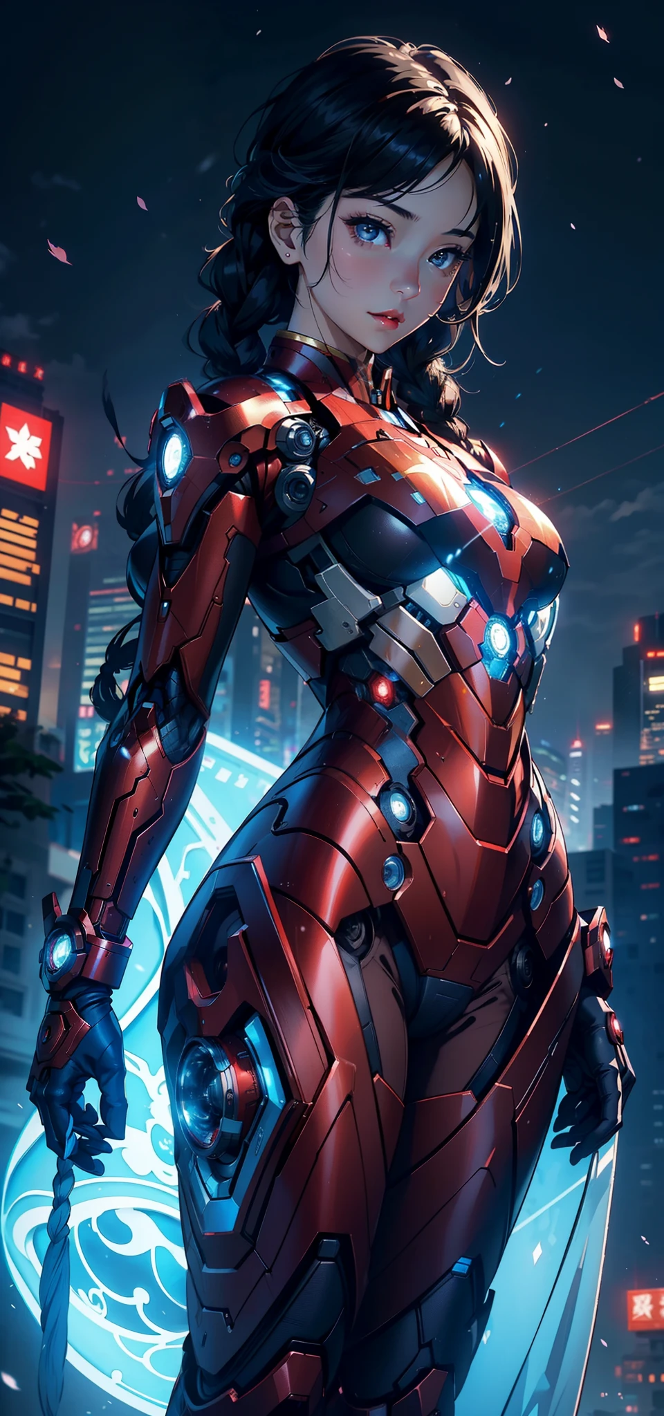 1female,35yo,plumw,extremely large bosom, 独奏,(Background with:,Cherry blossom forest,Cyberpunk-city)standing on your feet, She has short black hair,standing on your feet,seen from the front, Twist braids, mostly cloudy sky,(((tmasterpiece),(Very detailed CG unity 8K wallpaper),best qualtiy,cinmatic lighting,detailed back ground,beatiful detailed eyes,Bright pupils,Black eyes,Snow-whiteskin,Redlip(Very fine and beautiful),(Beautiful and detailed eye description),ultra - detailed,tmasterpiece,))facing at camera,A high resolution,ultra - detailed),Iron Man,Wear a futuristic Iron Man mech,Blue and white color scheme