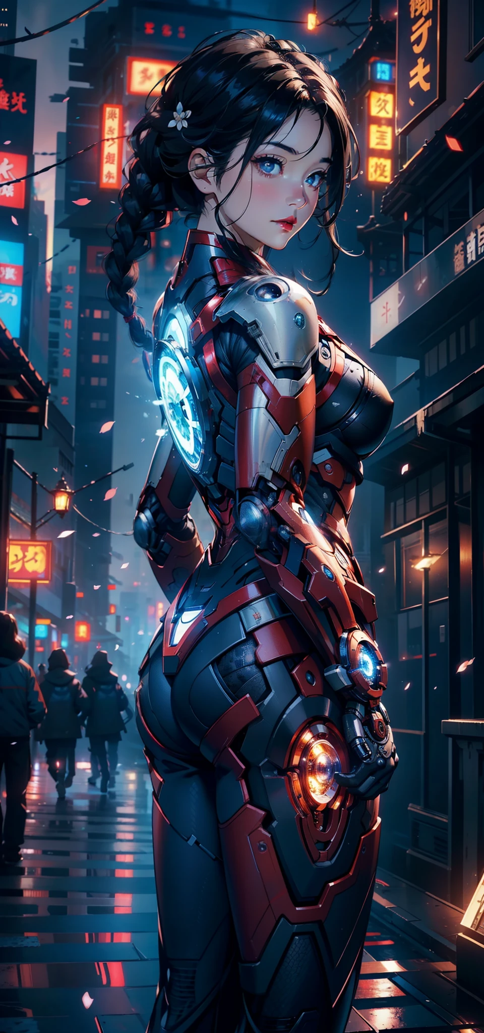 1female,35yo,plumw,extremely large bosom, 独奏,(Background with:,Cherry blossom forest,Cyberpunk-city)standing on your feet, She has short black hair,standing on your feet,seen from the front, Twist braids, mostly cloudy sky,(((tmasterpiece),(Very detailed CG unity 8K wallpaper),best qualtiy,cinmatic lighting,detailed back ground,beatiful detailed eyes,Bright pupils,Black eyes,Snow-whiteskin,Redlip(Very fine and beautiful),(Beautiful and detailed eye description),ultra - detailed,tmasterpiece,))facing at camera,A high resolution,ultra - detailed),Iron Man,Wear a futuristic Iron Man mech,Blue and white color scheme