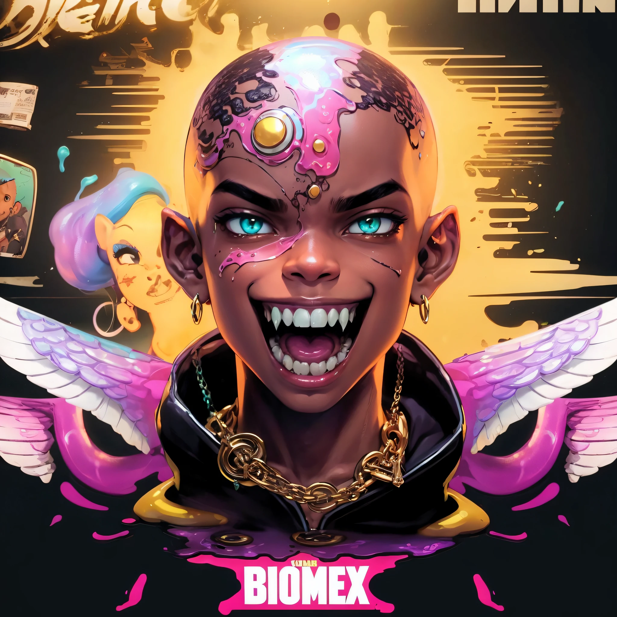 Monster Boy, Caramel Brown skin Black boy moor, Bald Hairstyle, Streetwear, Full Slime Body, colors neon, risa loca, malvada