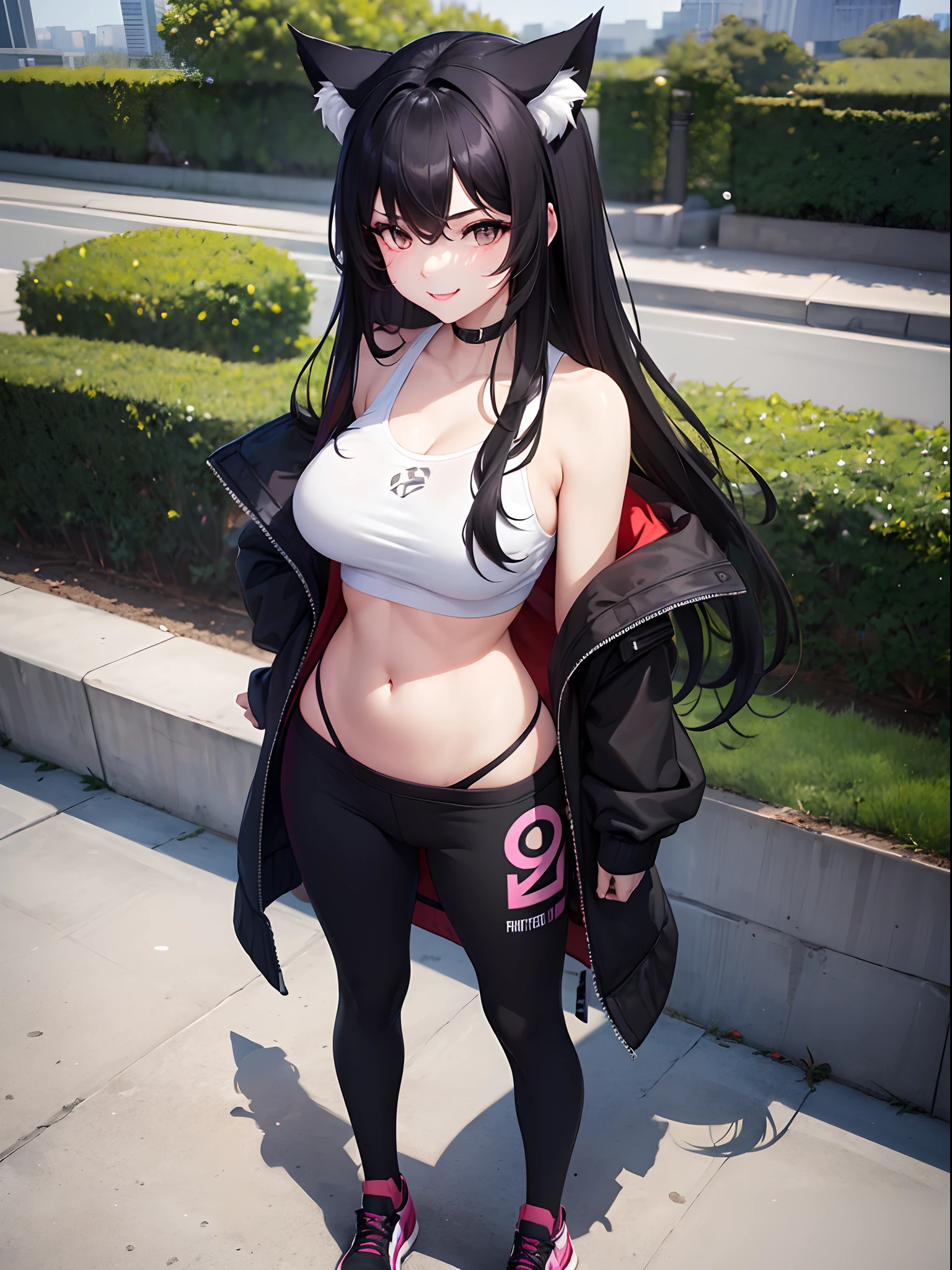 1girl, absurdres, high res, extremely detailed ultrasharp, 8K, masterpiece, city background, looking at viewer, thighs, breasts, big breasts, sideboob, long hair, multicolored hair, makeup, hoodie, ear piercings, hair ornament, sweatpants, transparent