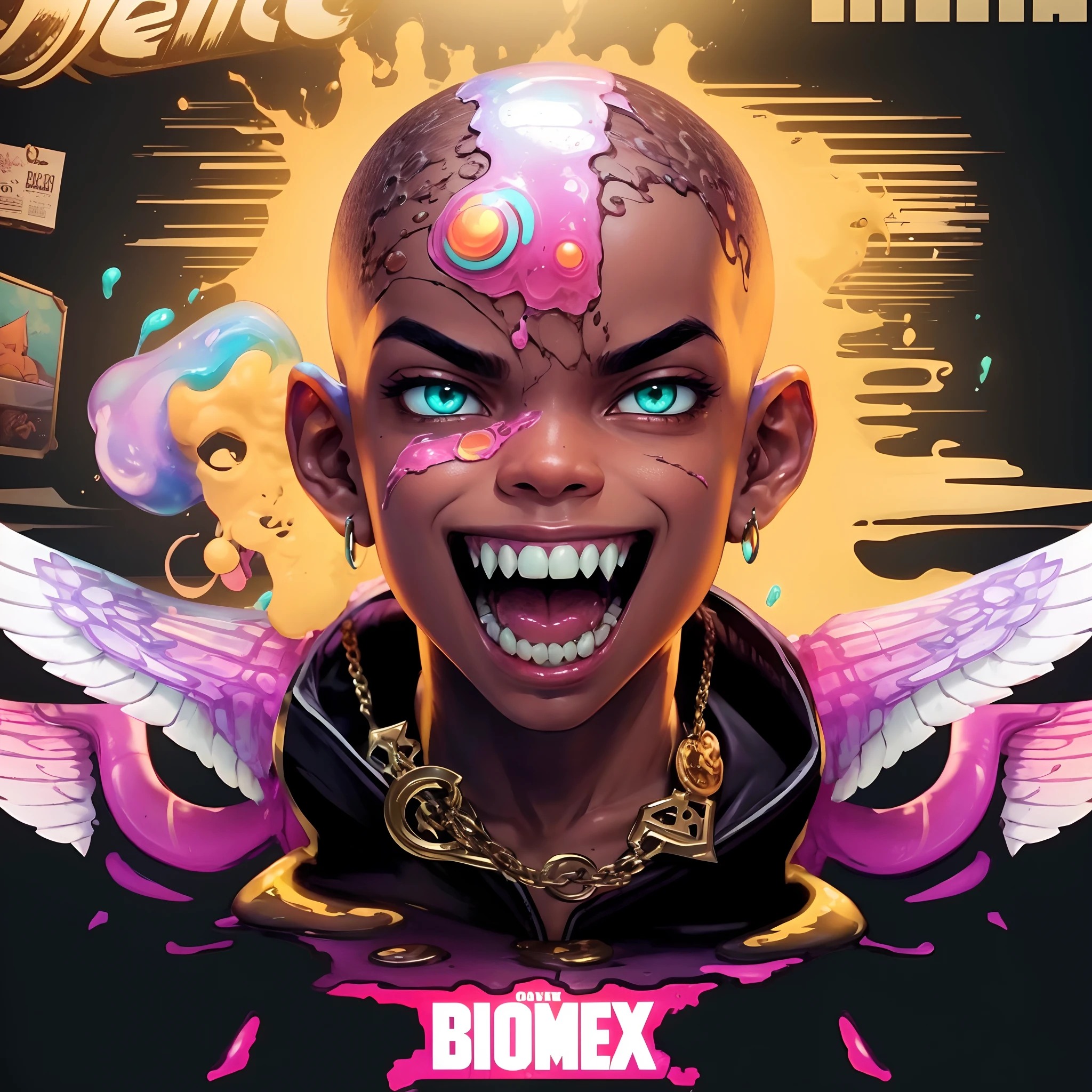 Monster Boy, Caramel Brown skin Black boy moor, Bald Hairstyle, Streetwear, Full Slime Body, colors neon, risa loca, malvada