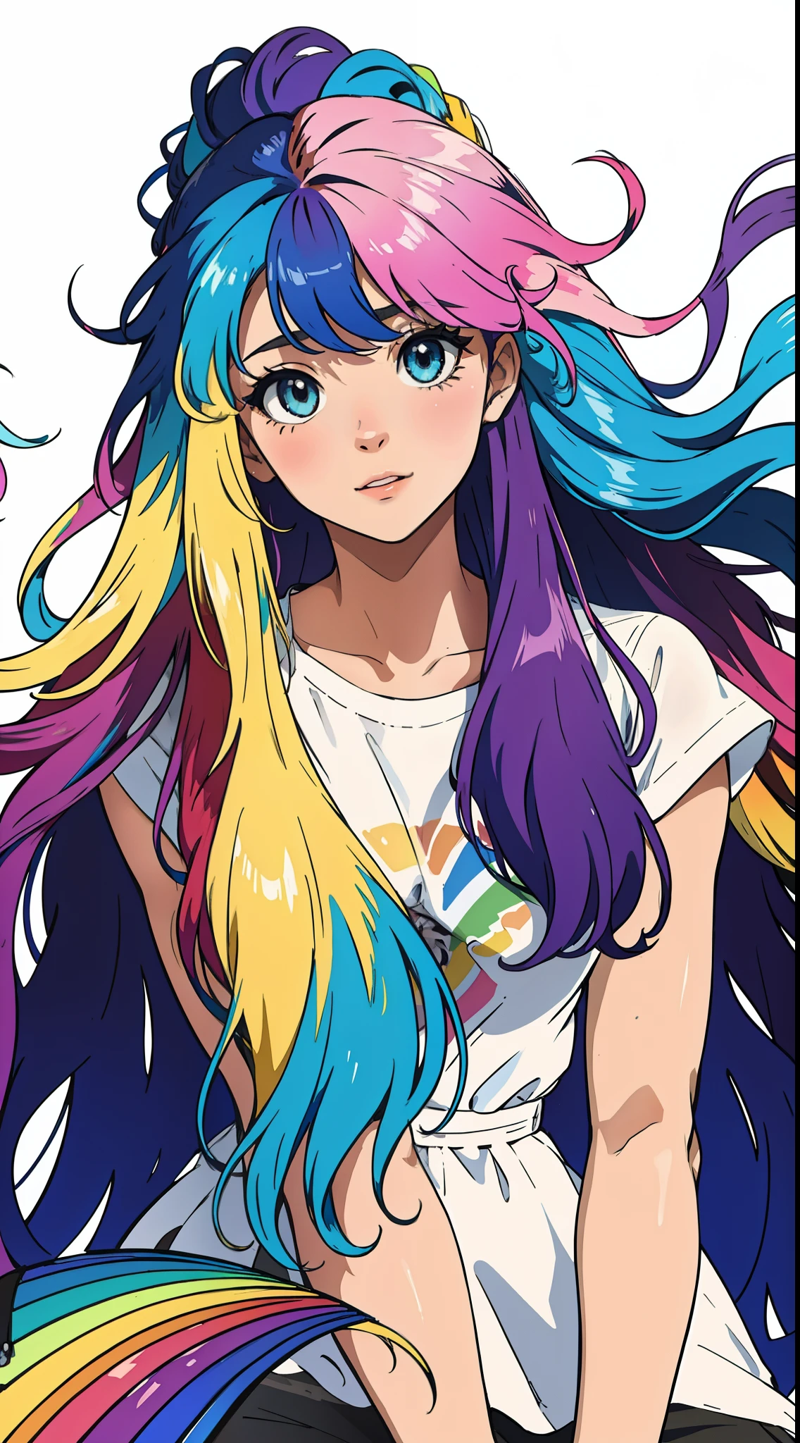 masterpiece, best quality, girl with rainbow hair, really wild hair, mane