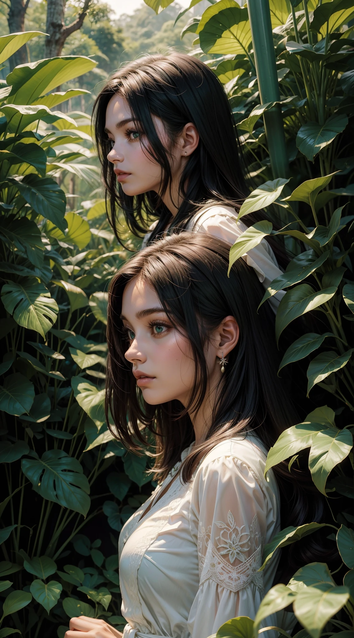 2 mulheres em uma floresta sombrias, duas mulheres distantes uma da outra, uma garota de cabelo ruivo/vermelho, e outra garota de cabelo preto com mechas azuis/verde