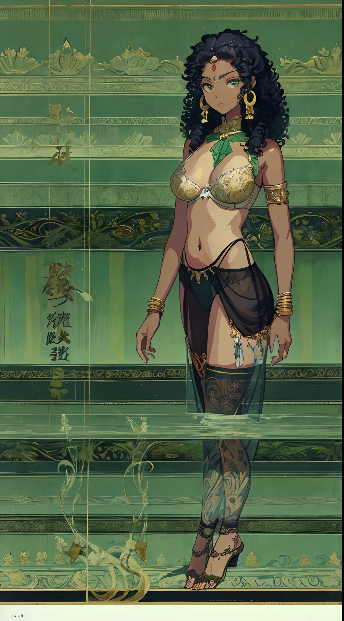 ((Masterpiece, hiquality, absurdress) 1Woman, black hair, curly hair, Afro-curly hair, Green eyes, a perfect face, the perfect body, big breastes, short stature, very dark skin, Hindu woman, 独奏, ((Best Quality)), ((Masterpiece)), (Detailed:1.4), Detailed eyes and face, Designer bra ,Designer panties, Languid look, Evening, big bed, Primordial world